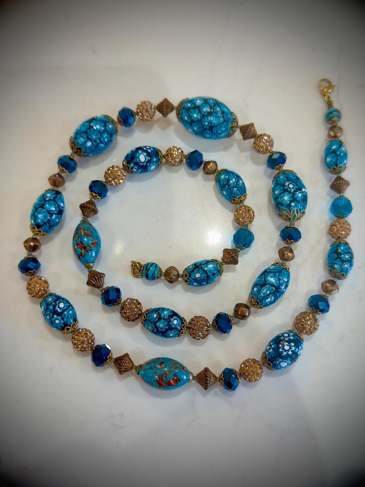 Vintage Murano Millefiori Necklace: Aqua Ercole Moretti Beads, 1920s-1960s