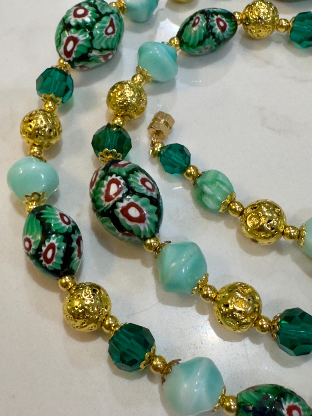 Vintage Murano Millefiori Glass Necklace: Green Oval Beads, Gold Lava