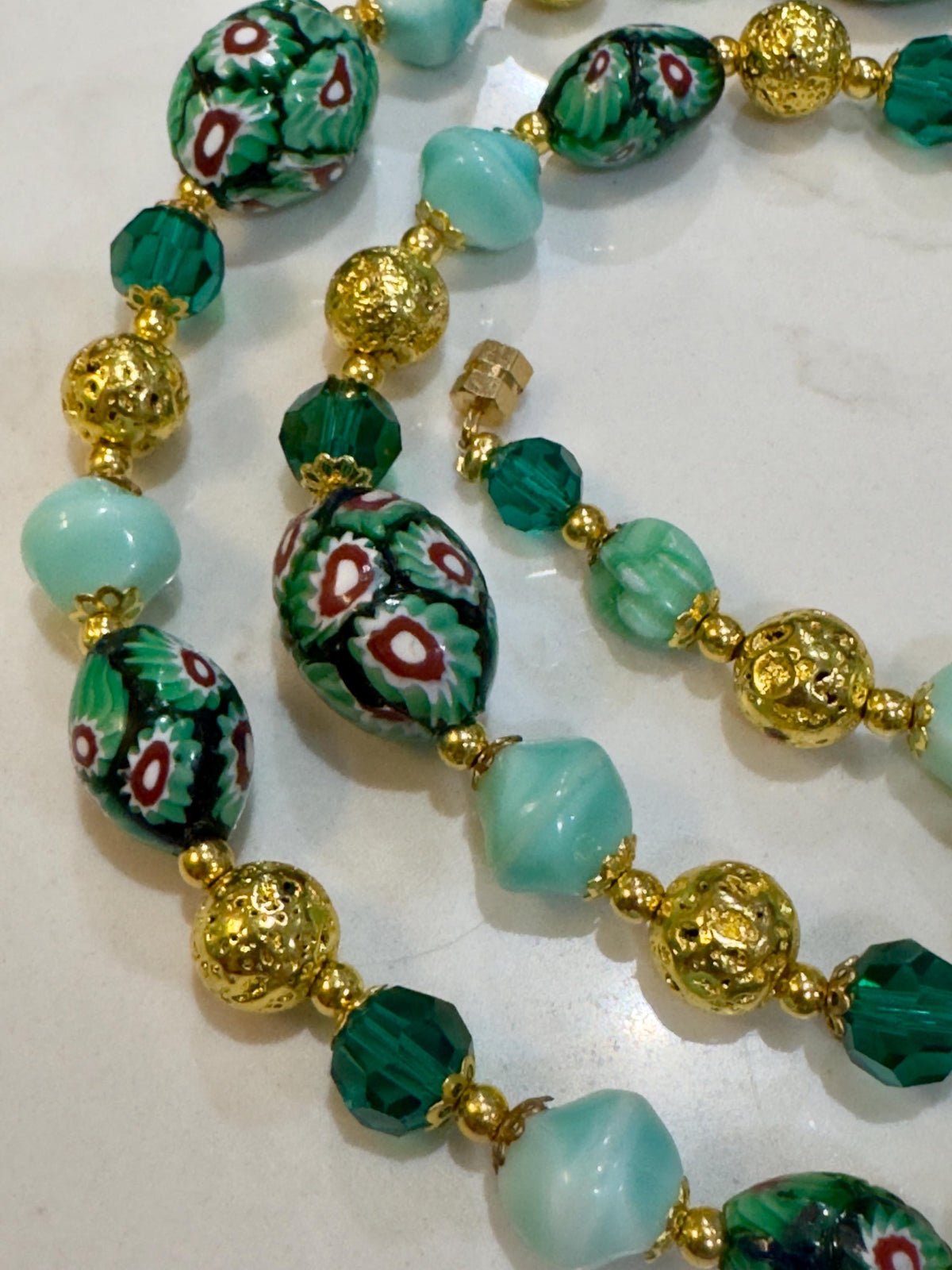 Vintage Murano Millefiori Glass Necklace: Green Oval Beads, Gold Lava