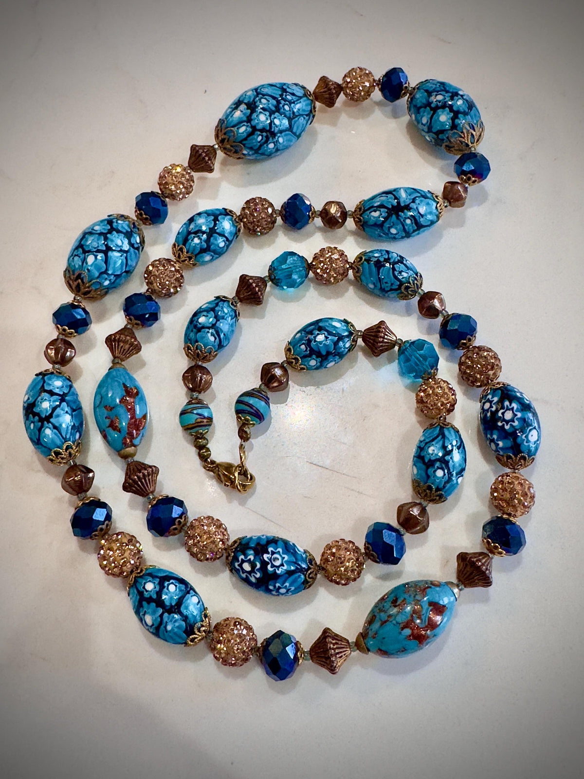 Vintage Murano Millefiori Necklace: Aqua Ercole Moretti Beads, 1920s-1960s