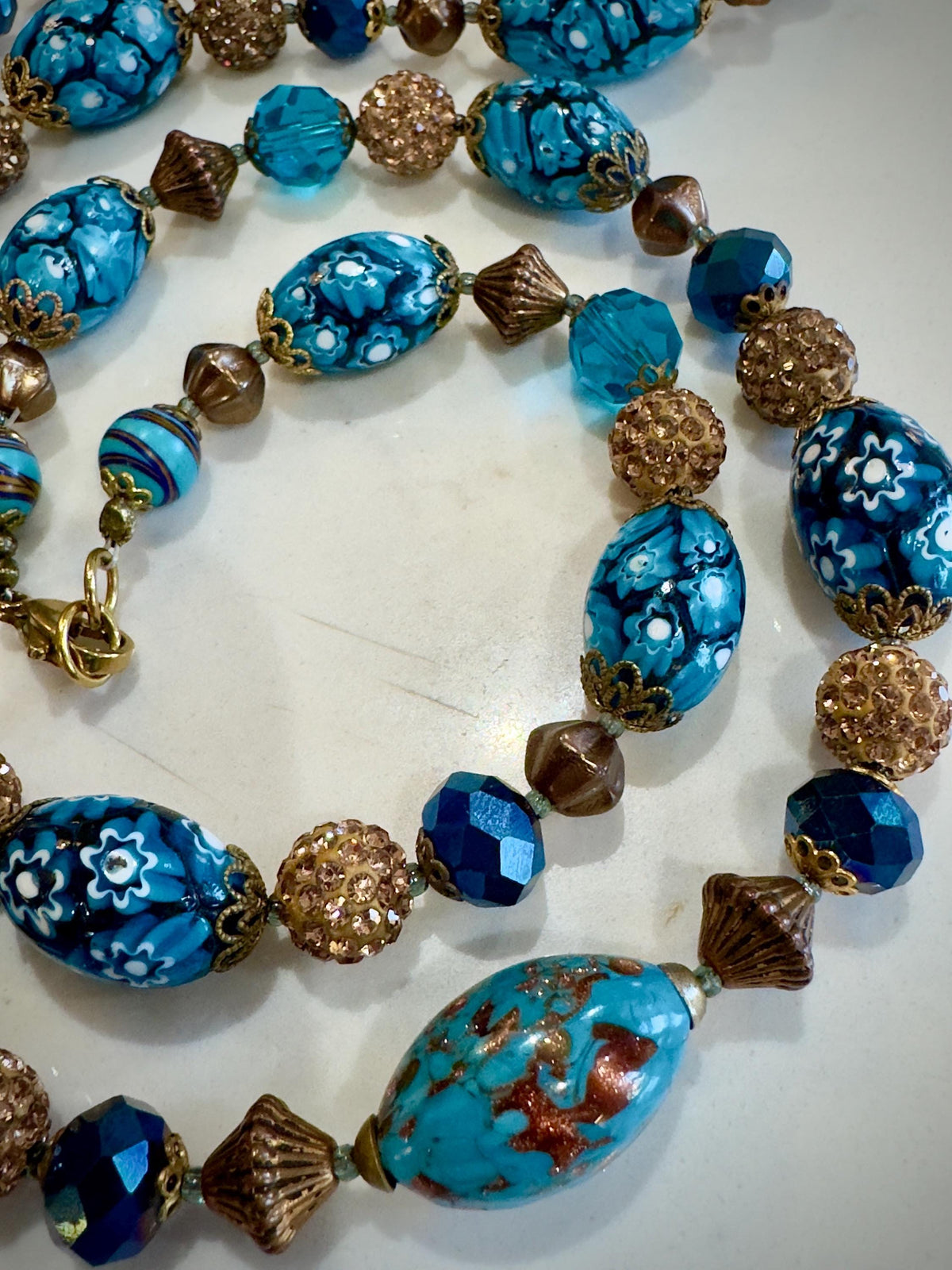 Vintage Murano Millefiori Necklace: Aqua Ercole Moretti Beads, 1920s-1960s