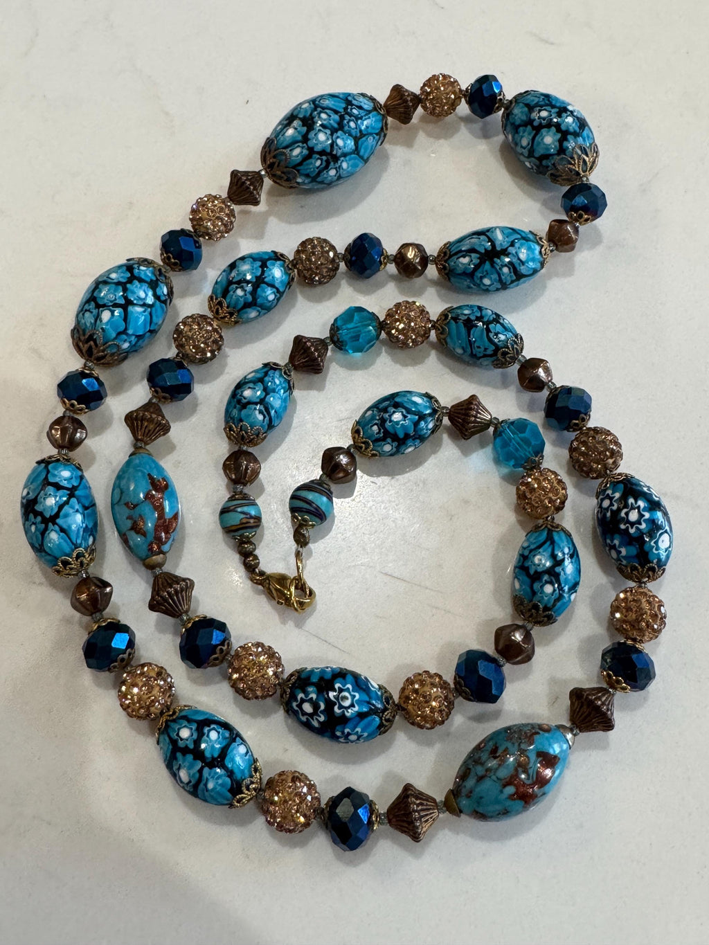 Vintage Murano Millefiori Necklace: Aqua Ercole Moretti Beads, 1920s-1960s