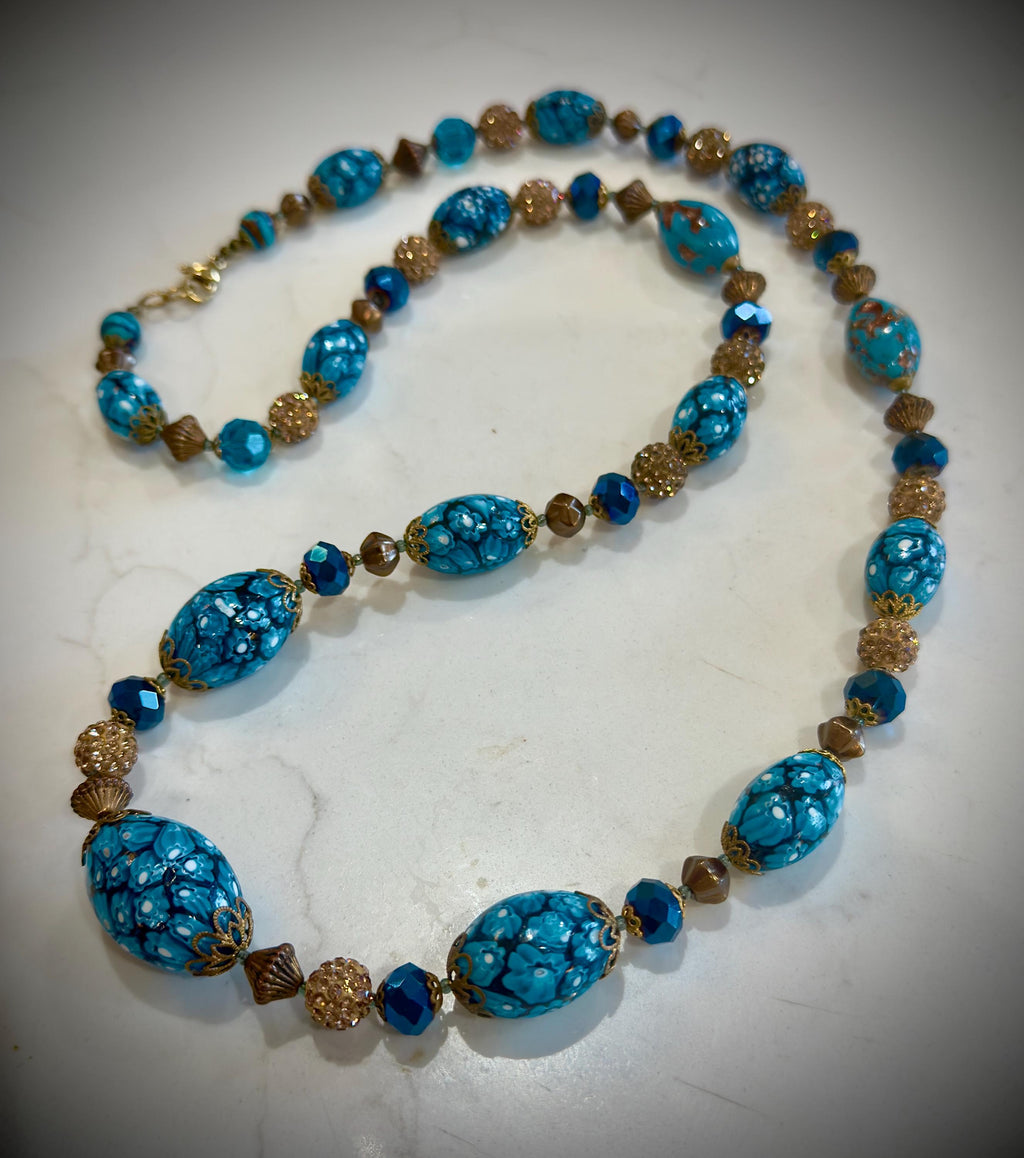 Vintage Murano Millefiori Necklace: Aqua Ercole Moretti Beads, 1920s-1960s
