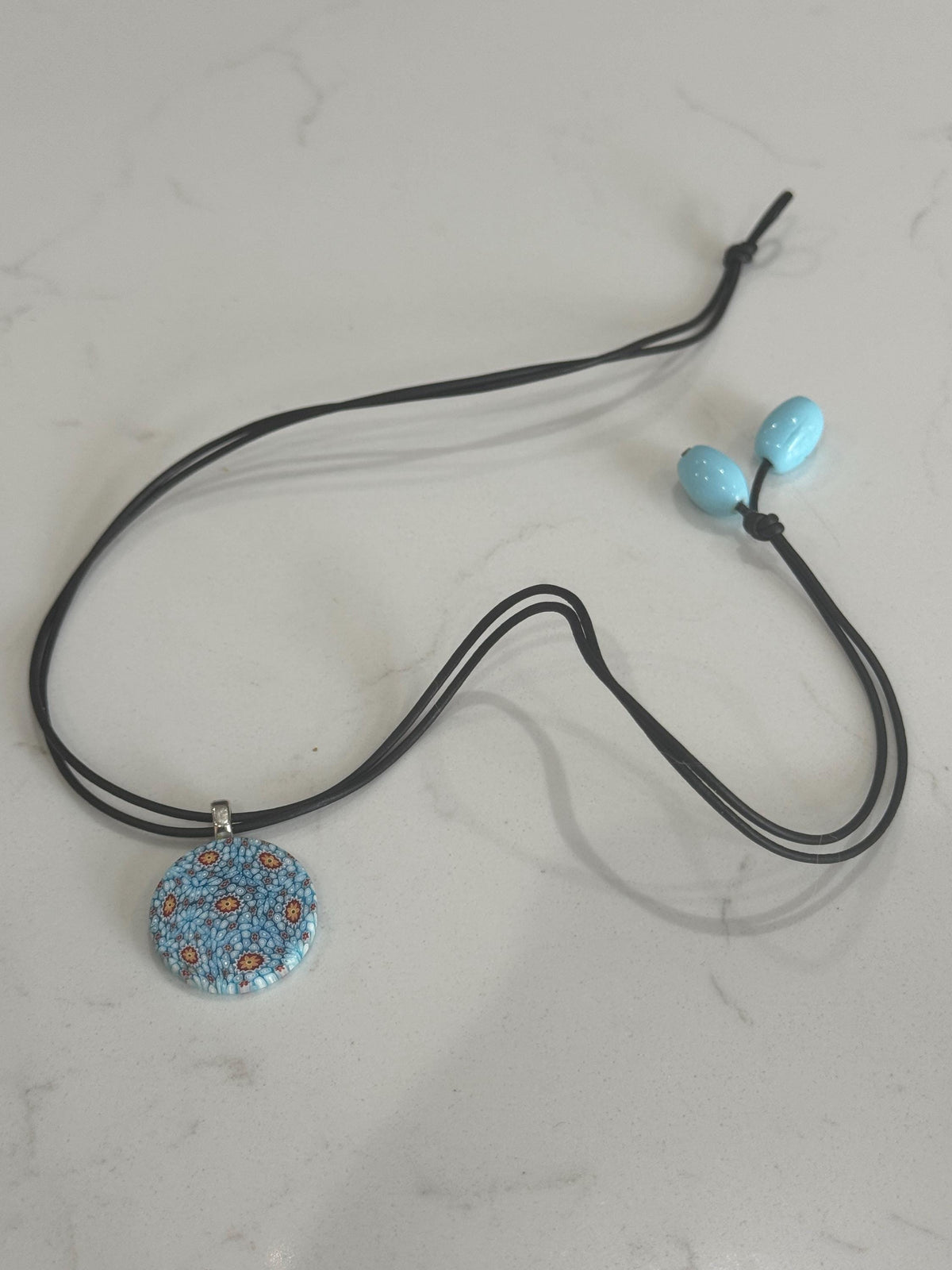 Ercole Moretti 18” or 20” Round Small Tiffany Blue Glass Pendant Necklace on Black Leather