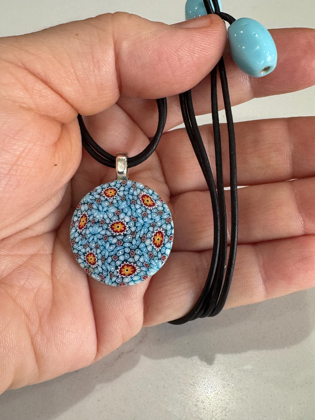 Ercole Moretti 18” or 20” Round Small Tiffany Blue Glass Pendant Necklace on Black Leather