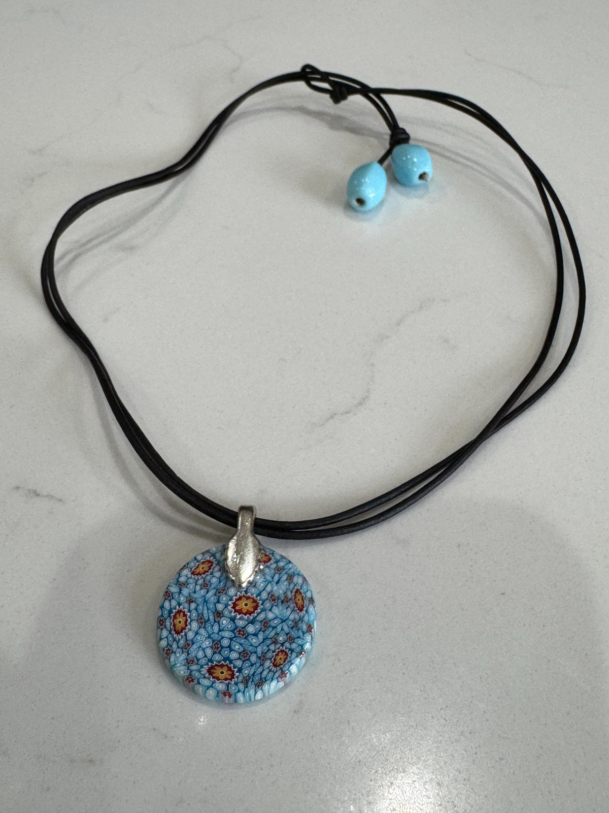 Ercole Moretti 18” or 20” Round Small Tiffany Blue Glass Pendant Necklace on Black Leather