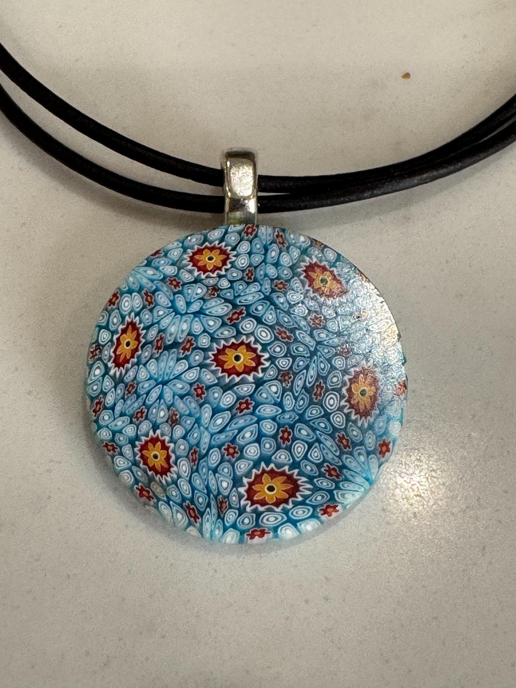 Ercole Moretti 18” or 20” Round Small Tiffany Blue Glass Pendant Necklace on Black Leather