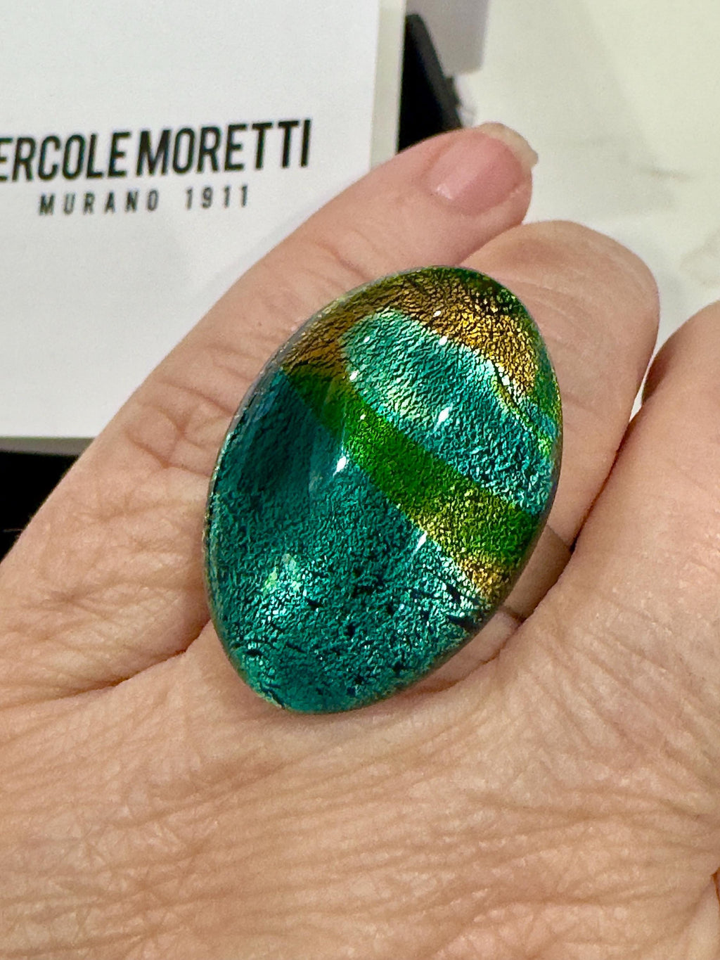 Ercole Moretti VINTAGE Uncirculated Oval Ring in Iridescent Golden, Warm Brownish Gold, Iridescent Lavender on Silvery Adjustable Bands