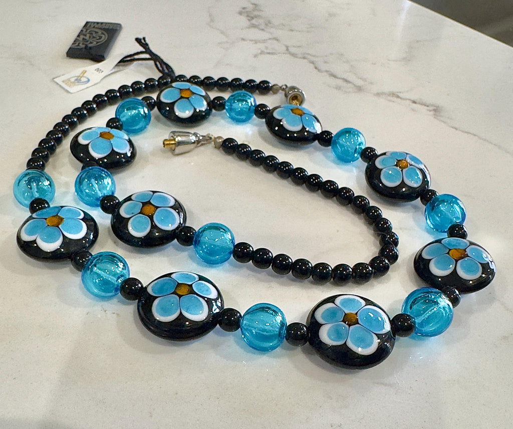 Ercole Moretti Murano Glass Necklace: Cobalt Blue Daisy, Sterling Clasp
