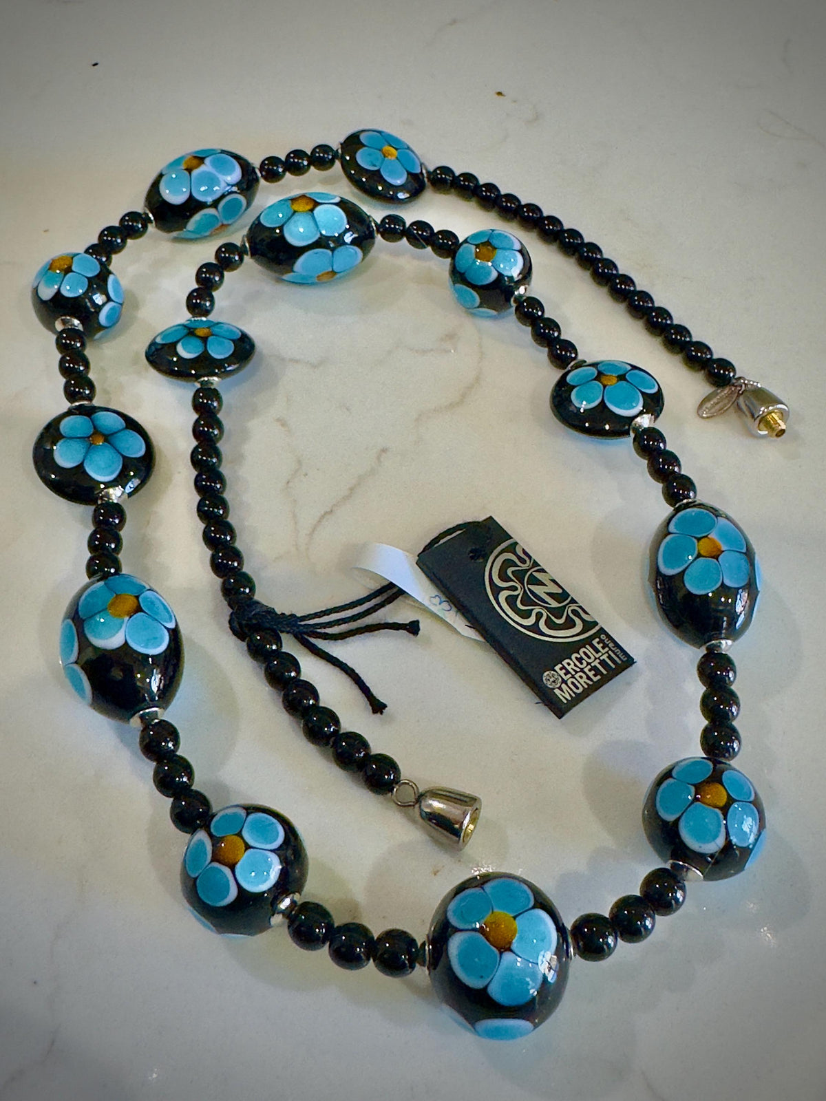 Ercole Moretti Murano Glass Necklace: Cobalt Blue Daisy, Sterling Clasp