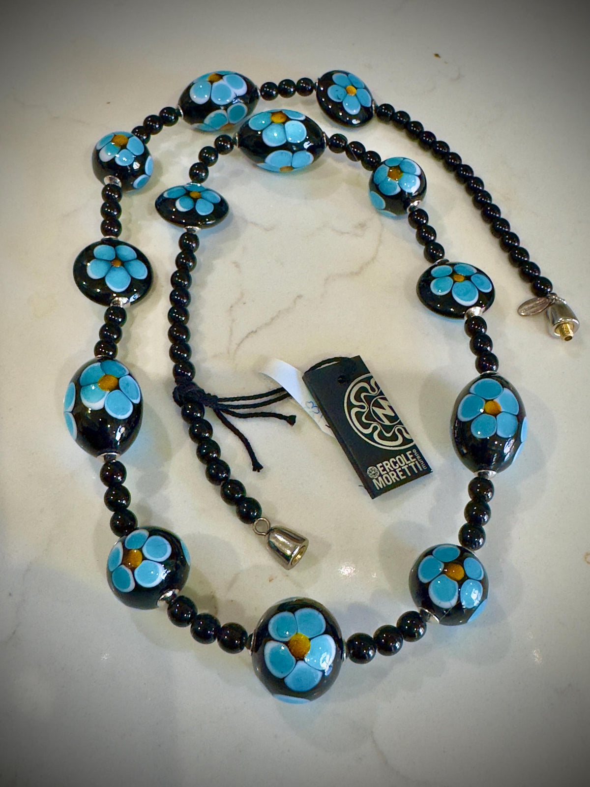 Ercole Moretti Murano Glass Necklace: Cobalt Blue Daisy, Sterling Clasp