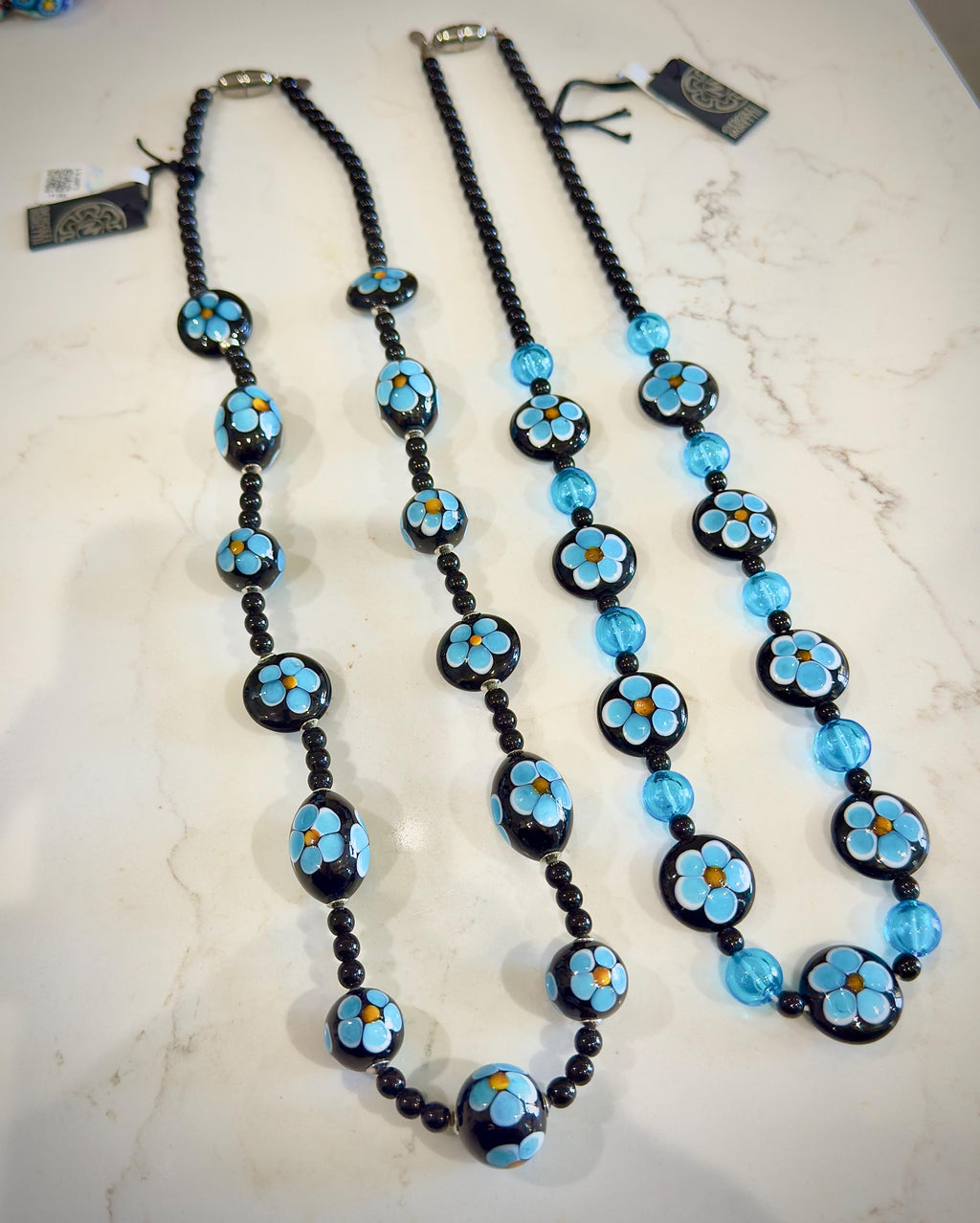 Ercole Moretti Murano Glass Necklace: Cobalt Blue Daisy, Sterling Clasp