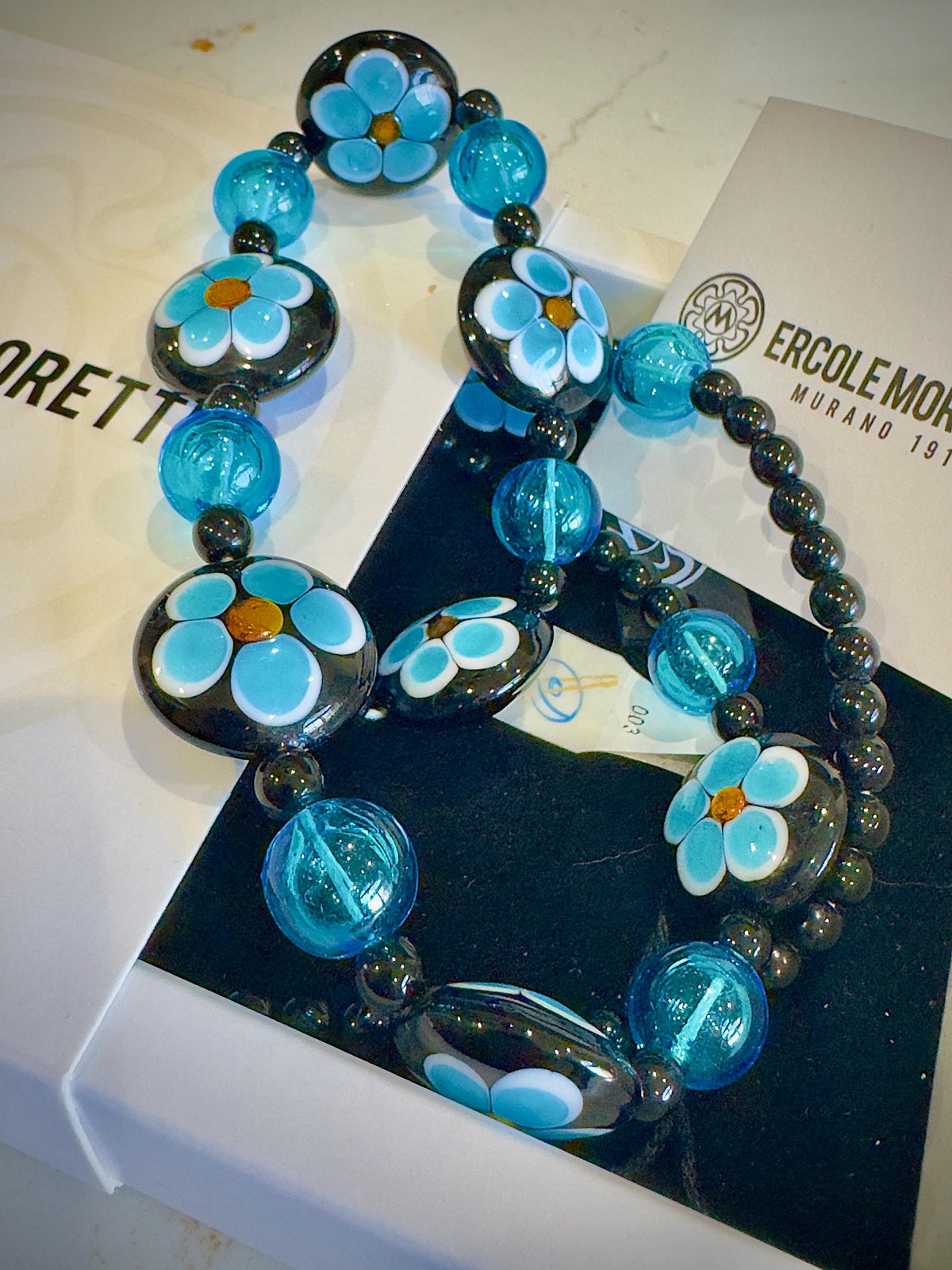 Ercole Moretti Murano Glass Necklace: Cobalt Blue Daisy, Sterling Clasp