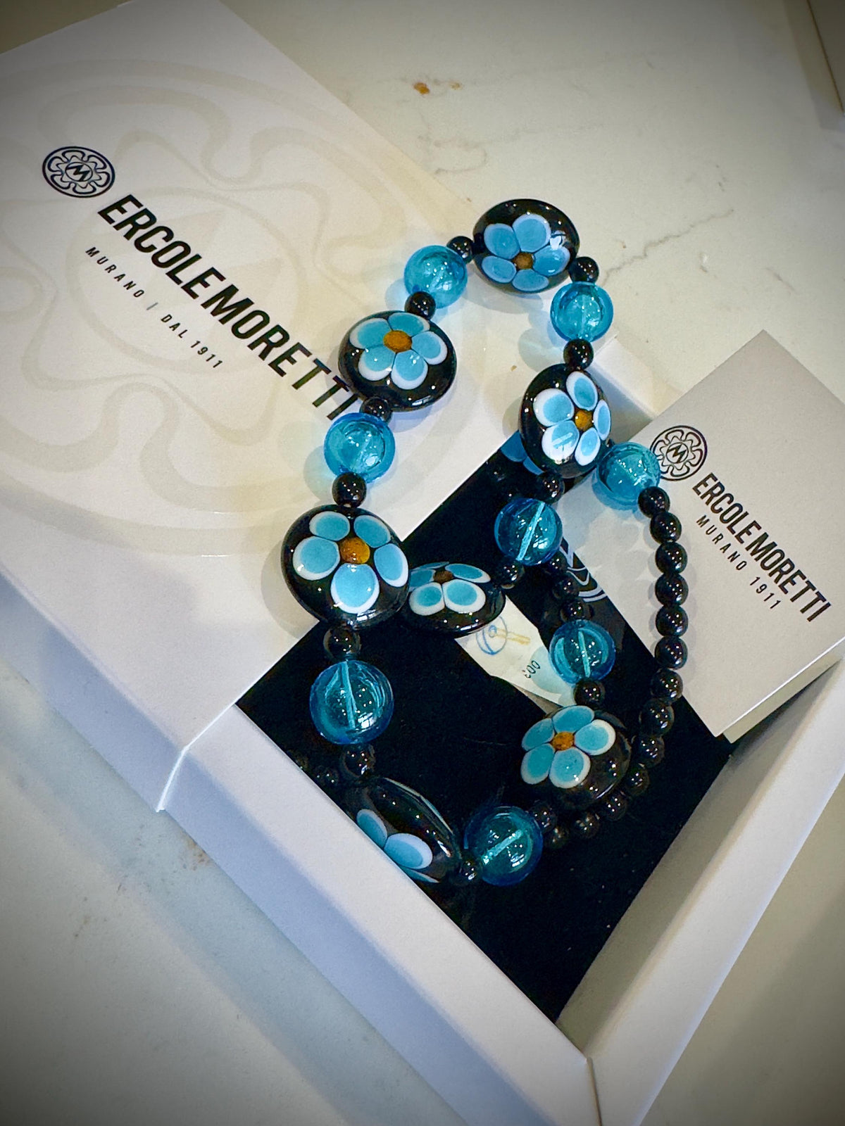 Ercole Moretti Murano Glass Necklace: Cobalt Blue Daisy, Sterling Clasp