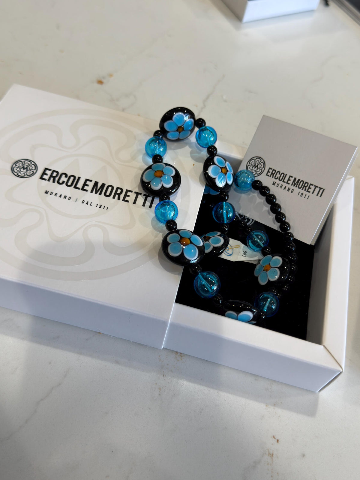 Ercole Moretti Murano Glass Necklace: Cobalt Blue Daisy, Sterling Clasp