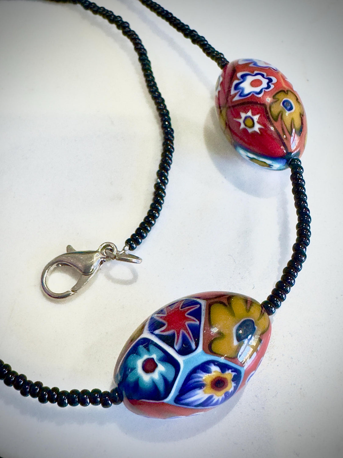 SOLD OUT Ercole Moretti Murano Millefiori Glass Bead Necklace Featuring 3 XL Olive Shaped Beads & Black Seed Bead-Hand Chosen At Moretti in Murano