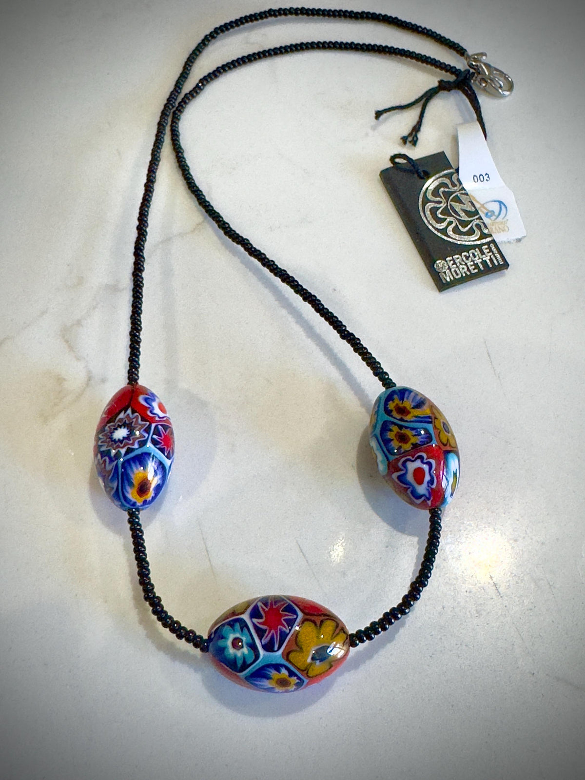 SOLD OUT Ercole Moretti Murano Millefiori Glass Bead Necklace Featuring 3 XL Olive Shaped Beads & Black Seed Bead-Hand Chosen At Moretti in Murano