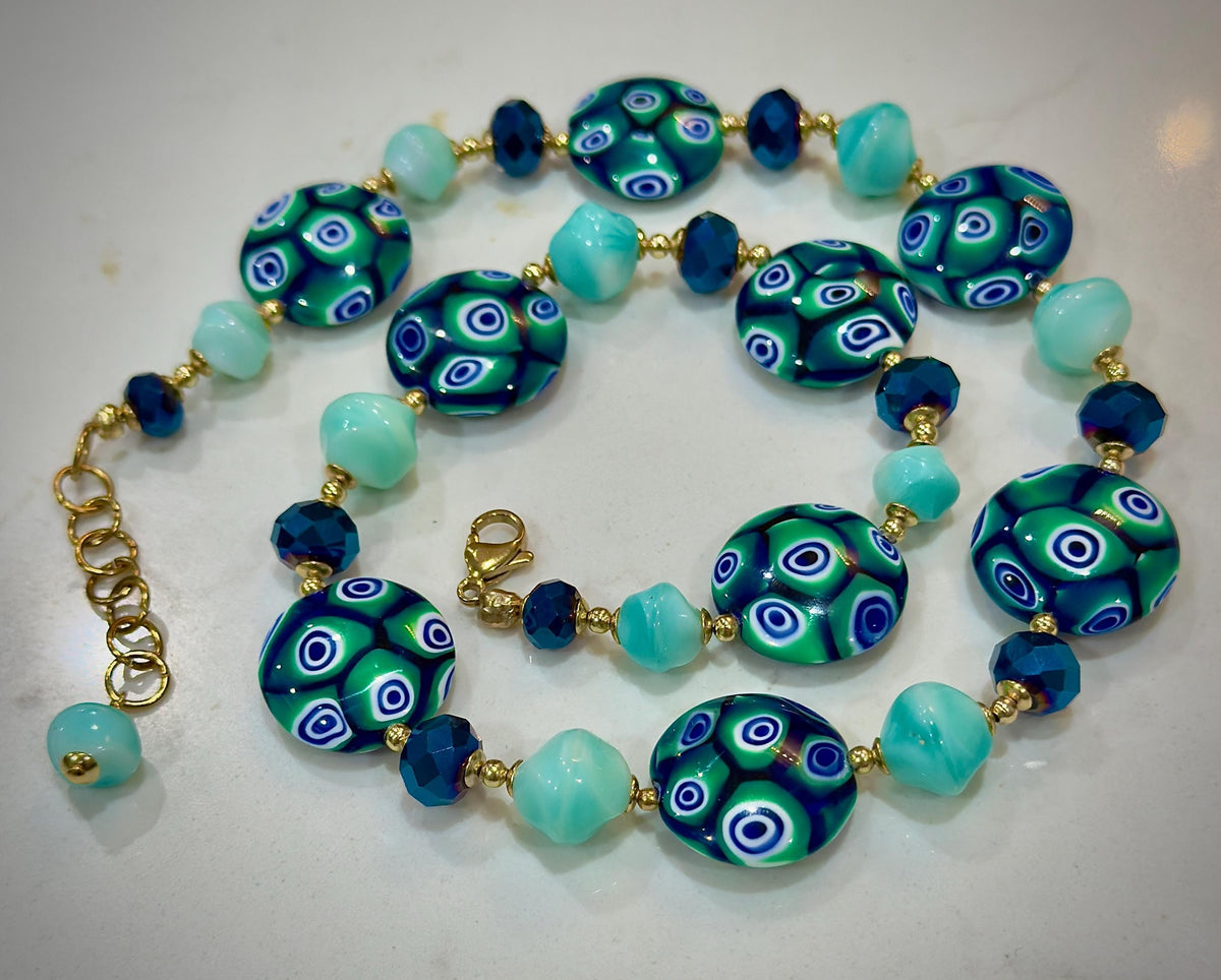 Iridescent Green Murano Millefiori Necklace, Ercole Moretti Beads