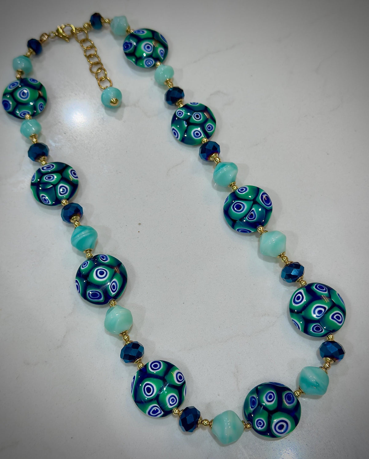 Iridescent Green Murano Millefiori Necklace, Ercole Moretti Beads