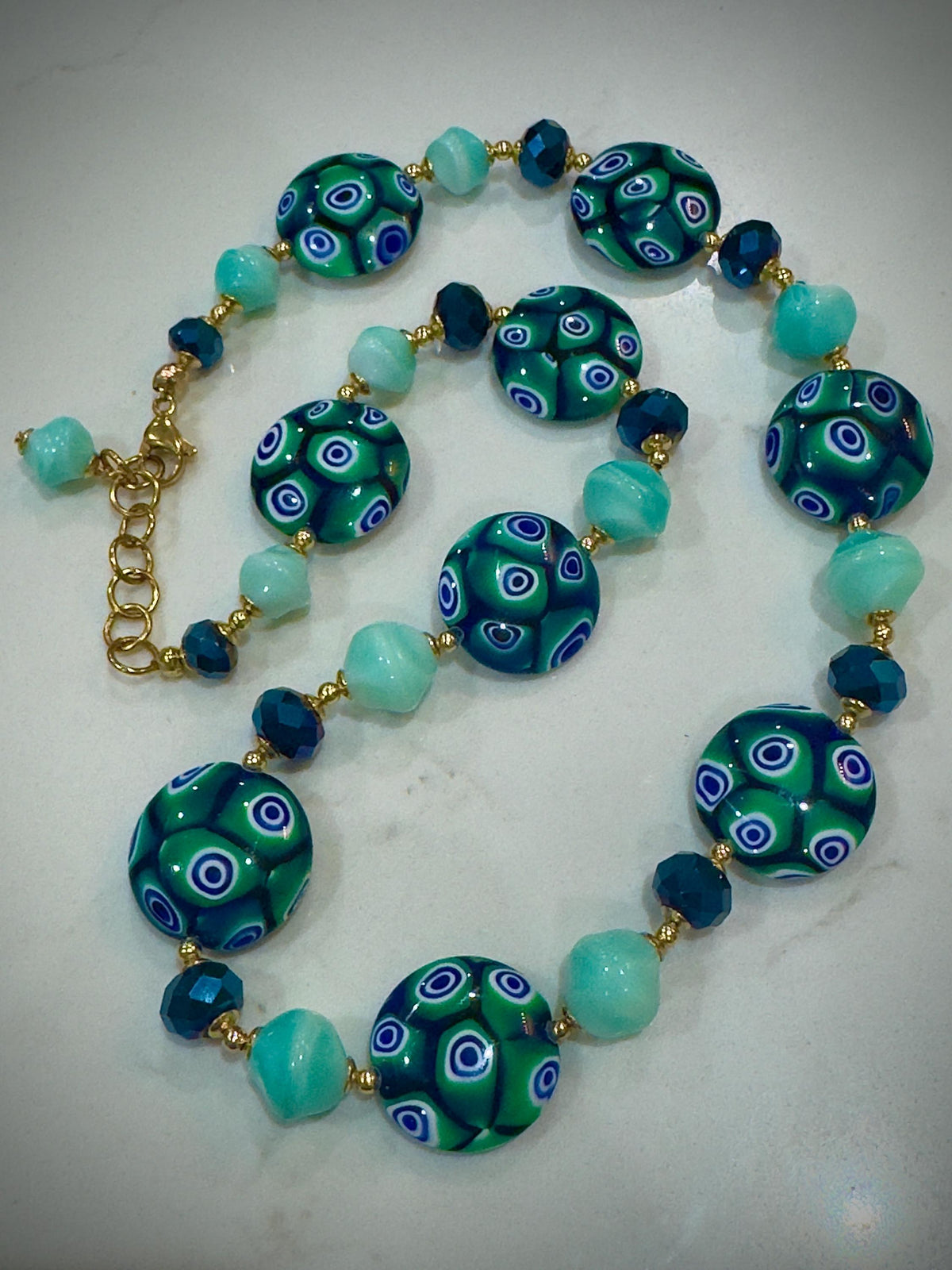 Iridescent Green Murano Millefiori Necklace, Ercole Moretti Beads