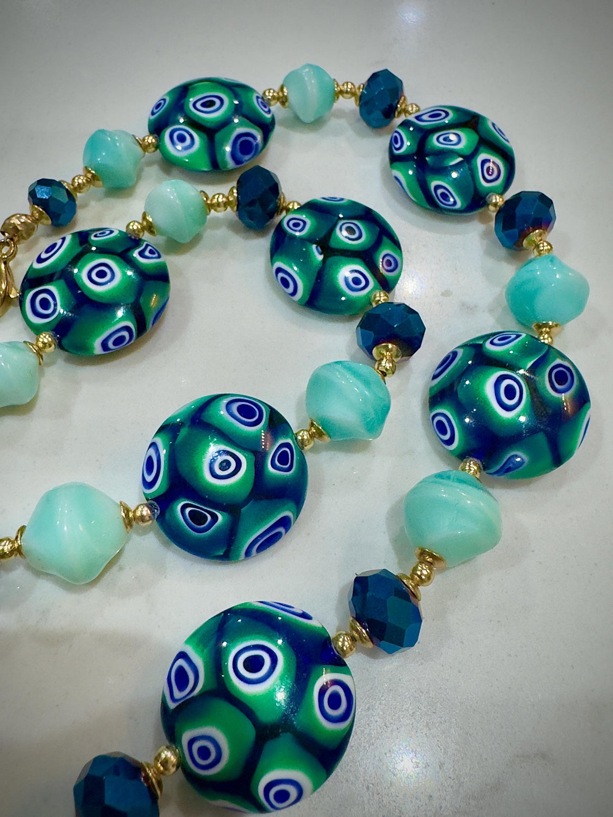 Iridescent Green Murano Millefiori Necklace, Ercole Moretti Beads