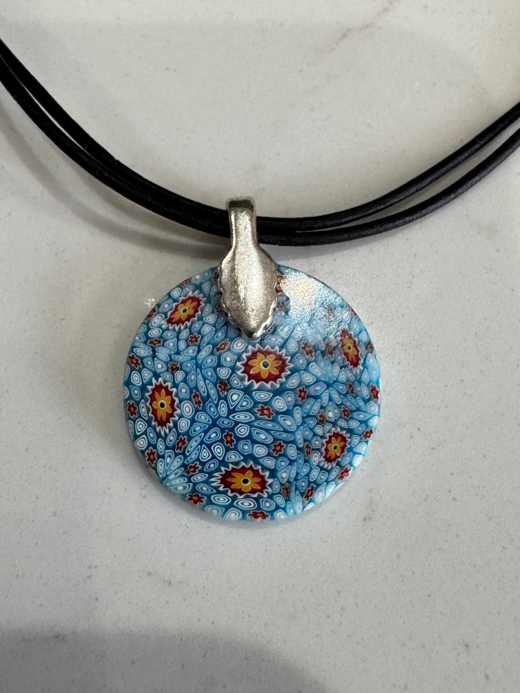 Ercole Moretti 18” or 20” Round Small Tiffany Blue Glass Pendant Necklace on Black Leather