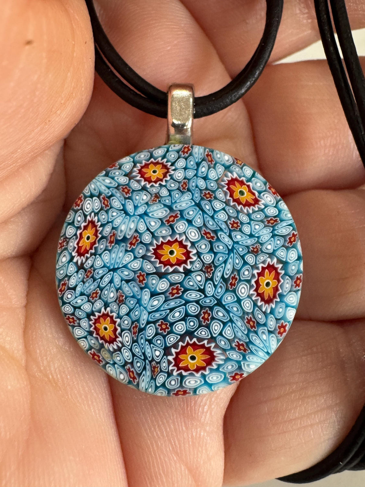 Ercole Moretti 18” or 20” Round Small Tiffany Blue Glass Pendant Necklace on Black Leather
