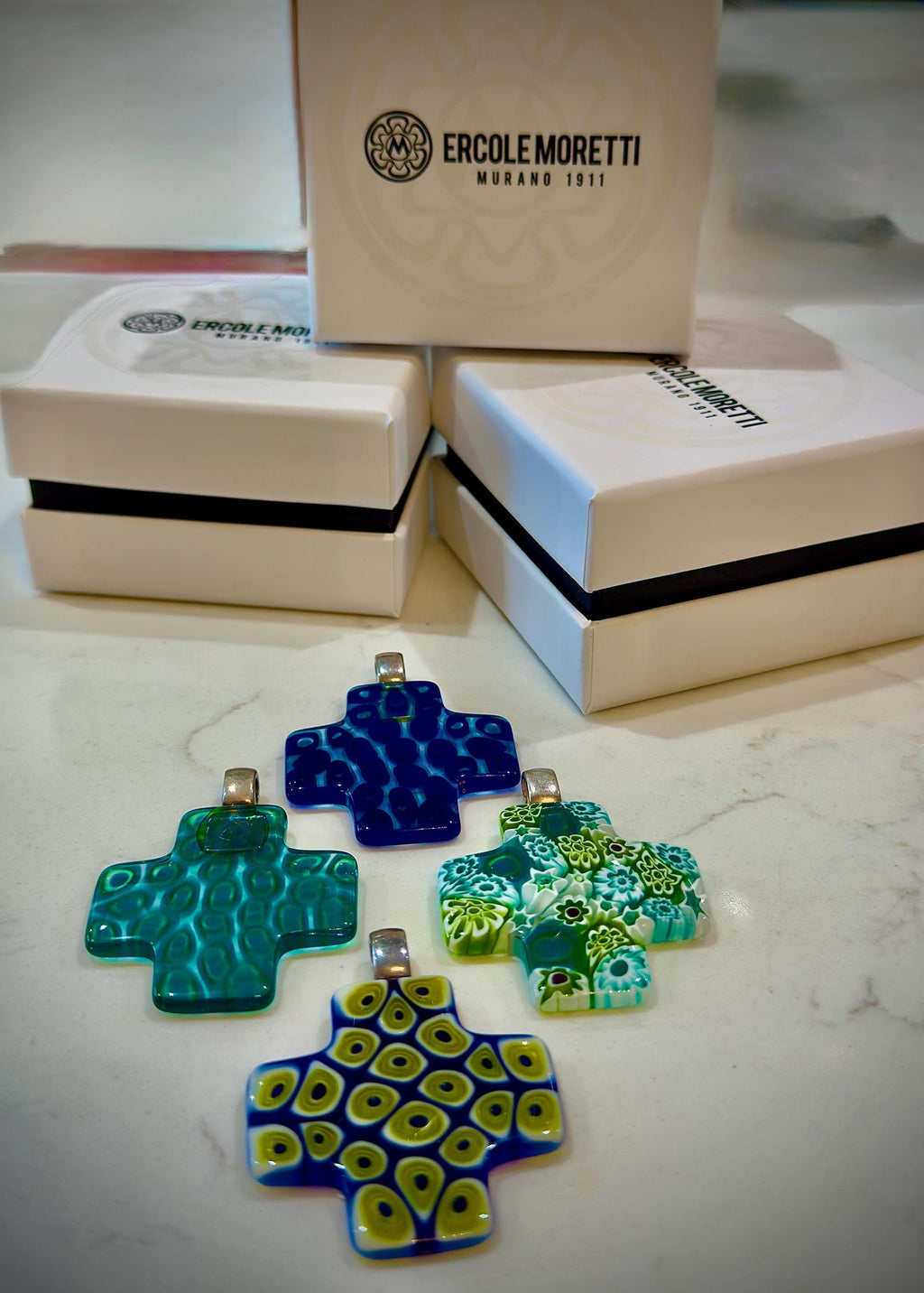 Ercole Moretti Rare Cross Pendant-Choice of or Aqua Pasiley Aqua Flowered, Cobalt Blue Pasiley, or Cobalt with Green Olives NWT
