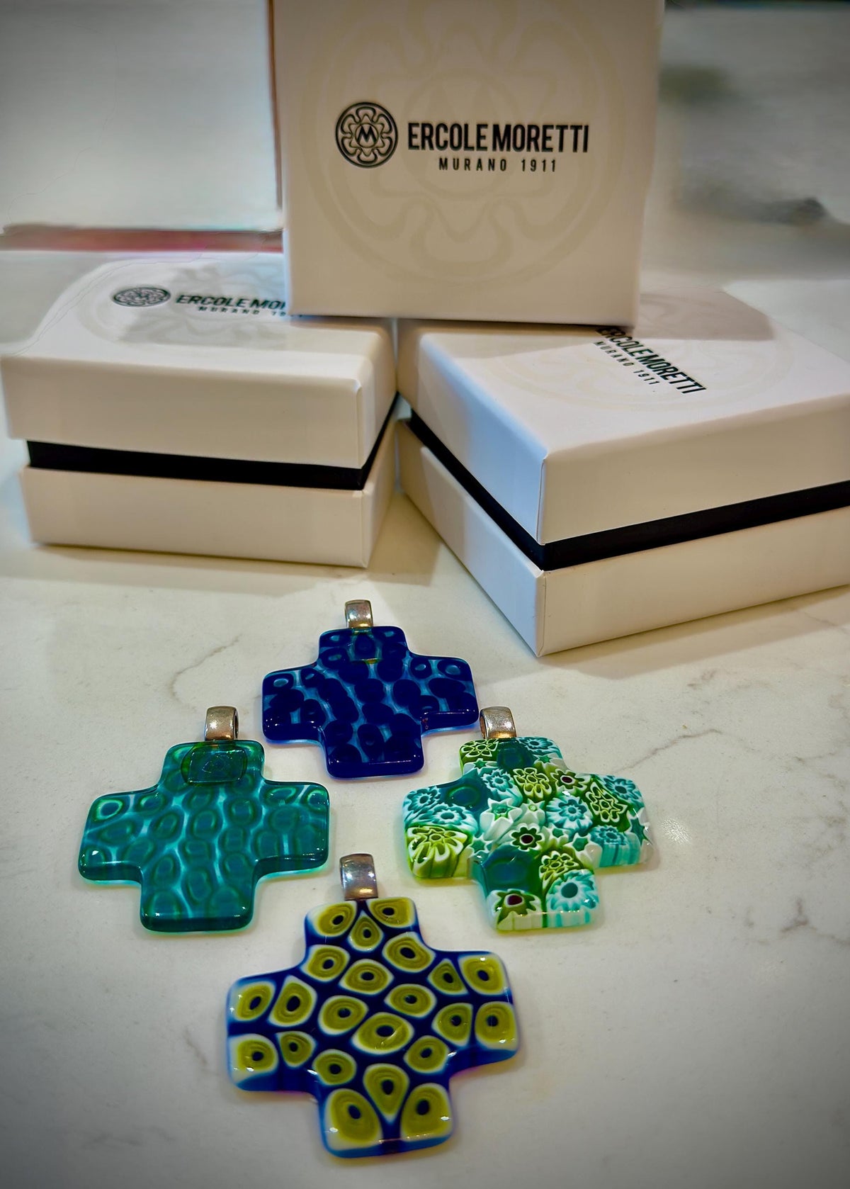Ercole Moretti Rare Cross Pendant-Choice of or Aqua Pasiley Aqua Flowered, Cobalt Blue Pasiley, or Cobalt with Green Olives NWT