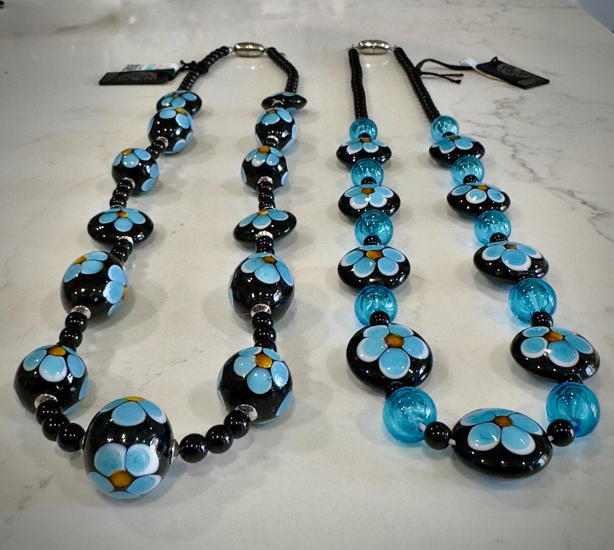 Ercole Moretti Murano Glass Necklace: Cobalt Blue Daisy, Sterling Clasp