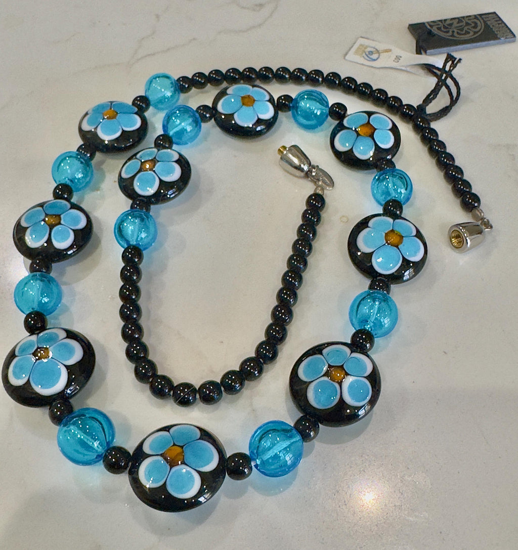 Ercole Moretti Murano Glass Necklace: Cobalt Blue Daisy, Sterling Clasp