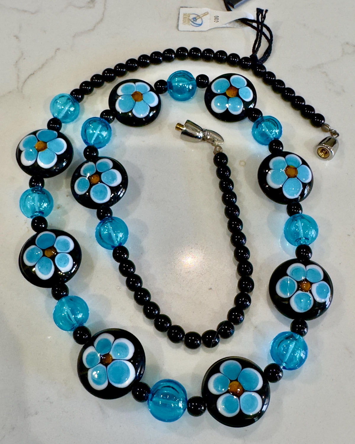 Ercole Moretti Murano Glass Necklace: Cobalt Blue Daisy, Sterling Clasp