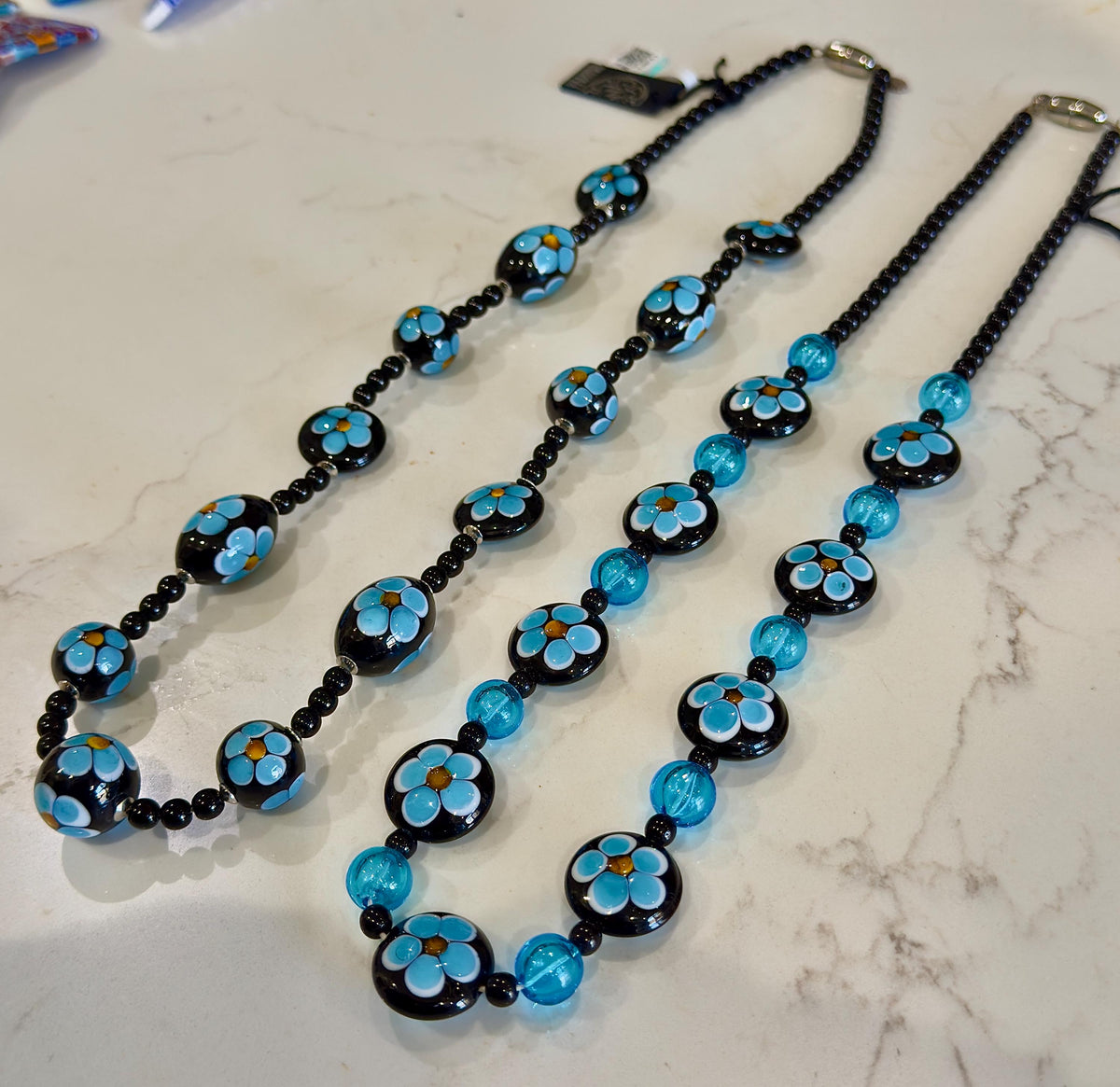 Ercole Moretti Murano Glass Necklace: Cobalt Blue Daisy, Sterling Clasp