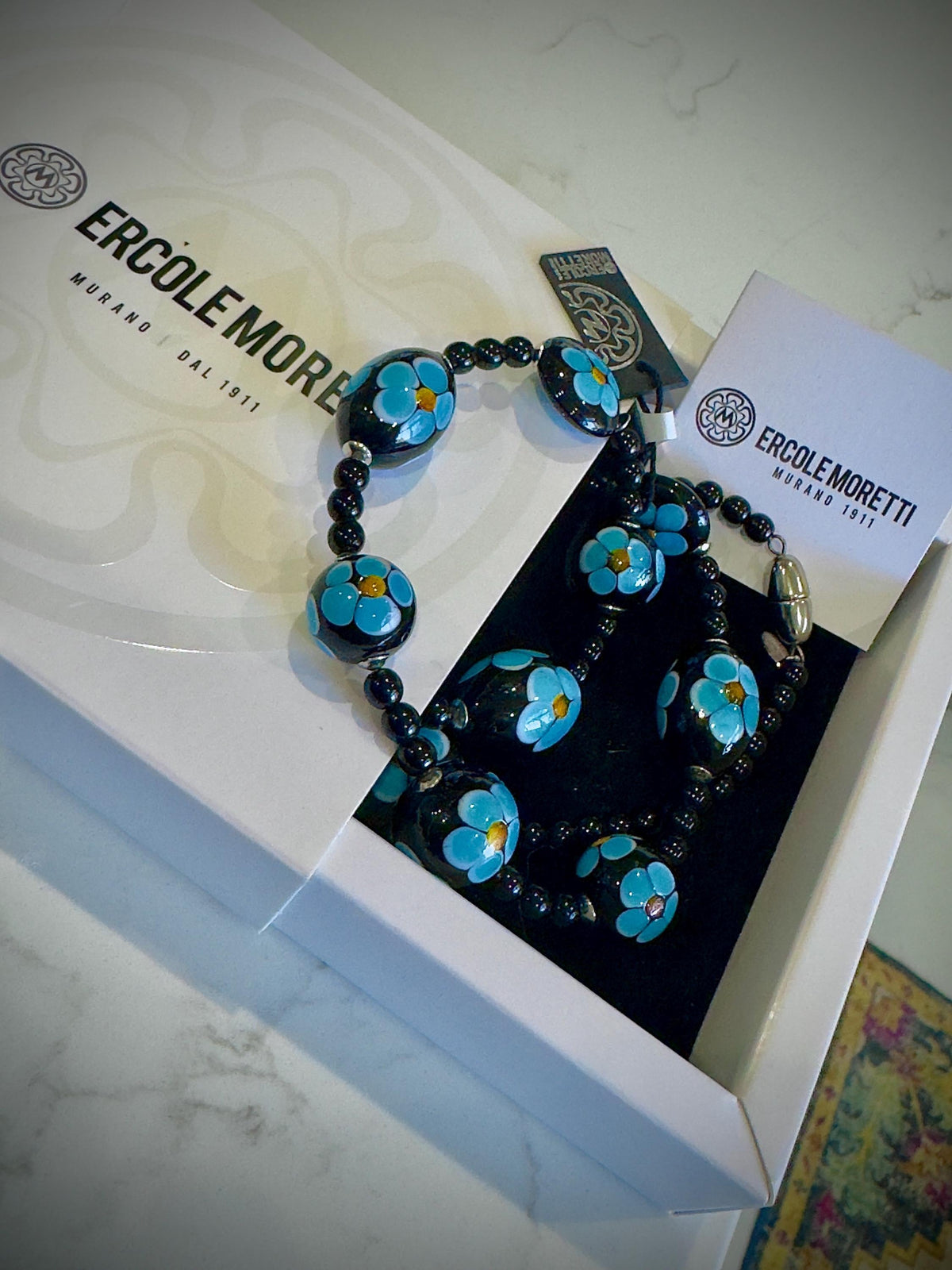 Ercole Moretti Murano Glass Necklace: Cobalt Blue Daisy, Sterling Clasp