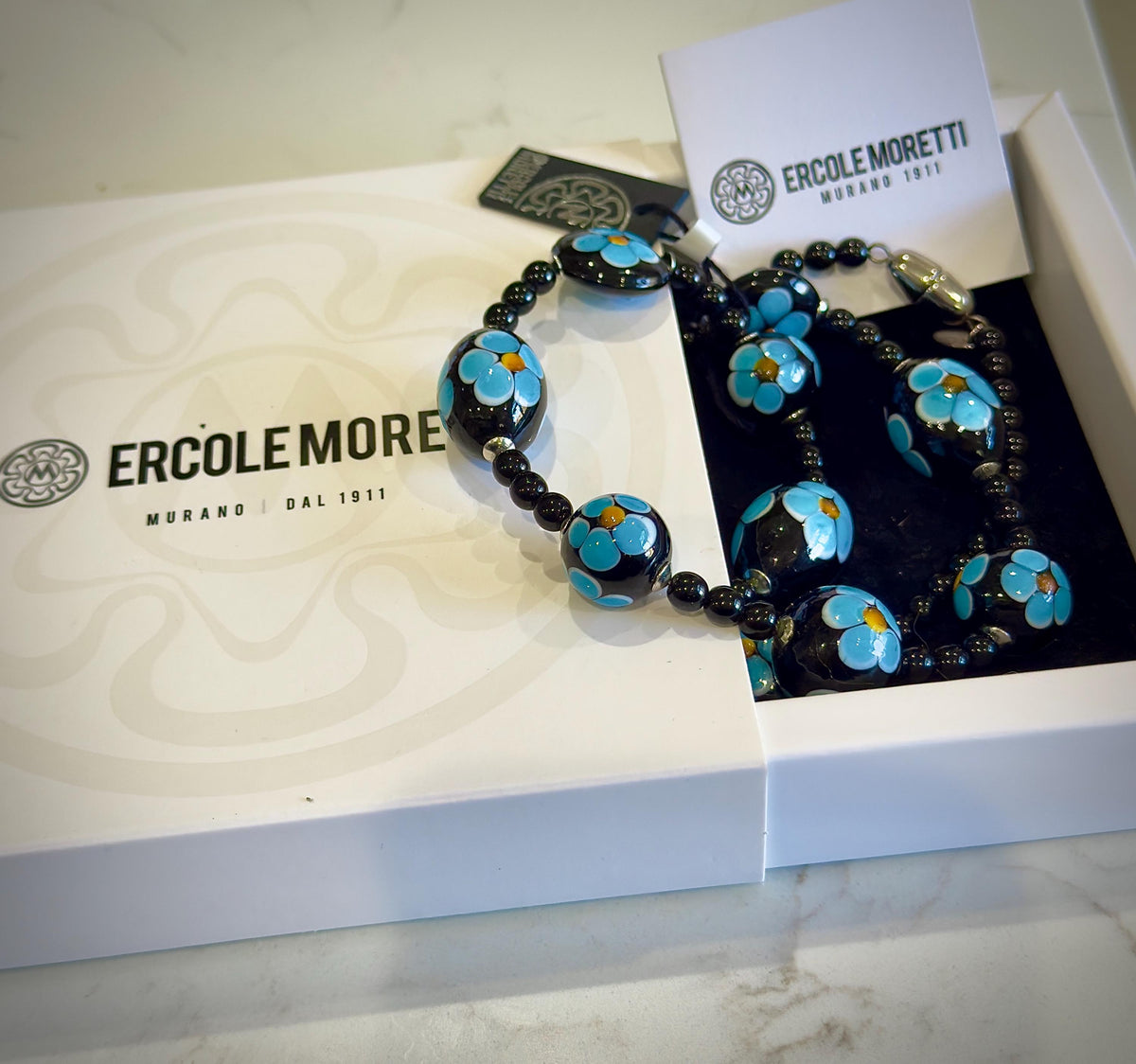 Ercole Moretti Murano Glass Necklace: Cobalt Blue Daisy, Sterling Clasp