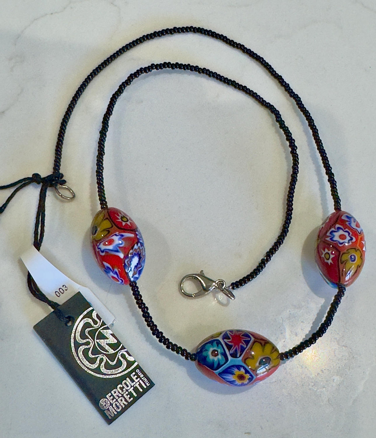 SOLD OUT Ercole Moretti Murano Millefiori Glass Bead Necklace Featuring 3 XL Olive Shaped Beads & Black Seed Bead-Hand Chosen At Moretti in Murano
