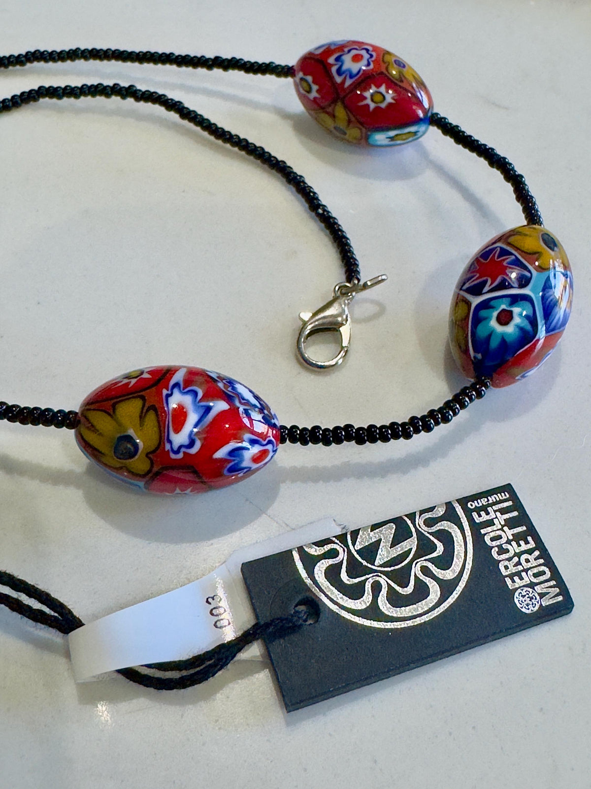 SOLD OUT Ercole Moretti Murano Millefiori Glass Bead Necklace Featuring 3 XL Olive Shaped Beads & Black Seed Bead-Hand Chosen At Moretti in Murano