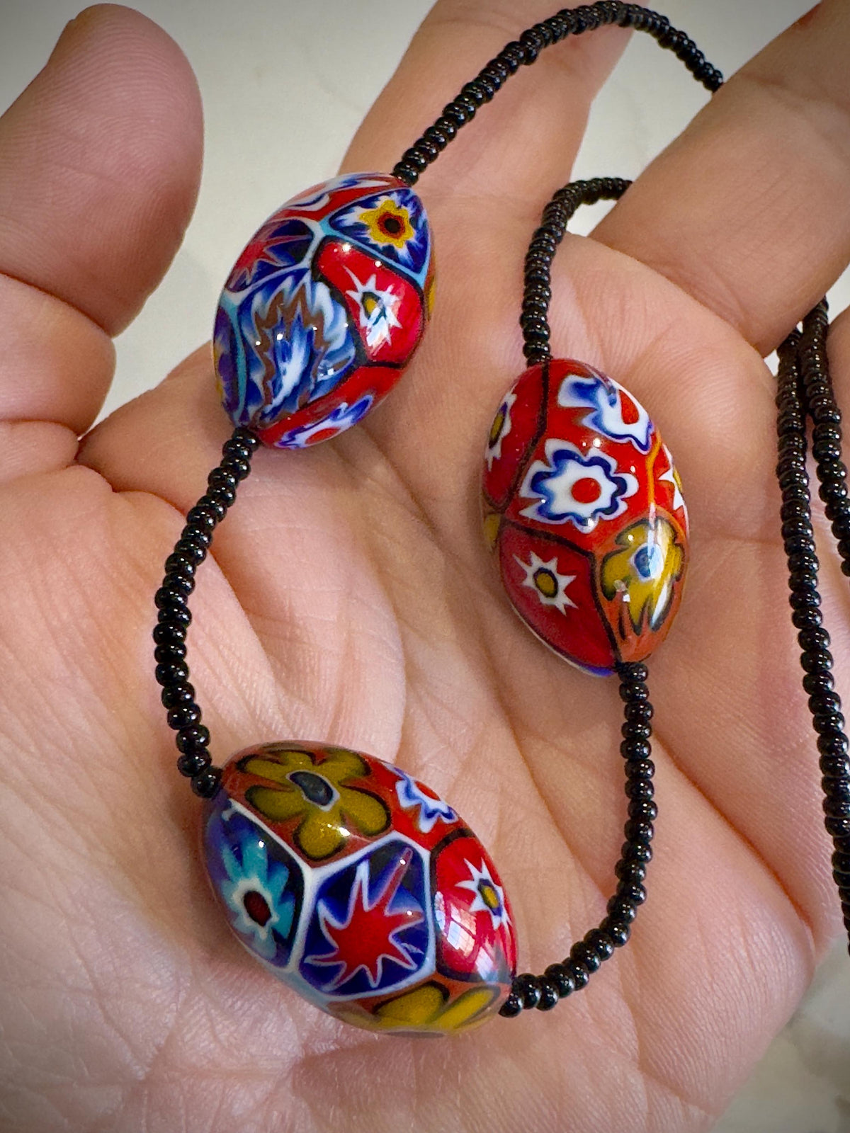 SOLD OUT Ercole Moretti Murano Millefiori Glass Bead Necklace Featuring 3 XL Olive Shaped Beads & Black Seed Bead-Hand Chosen At Moretti in Murano