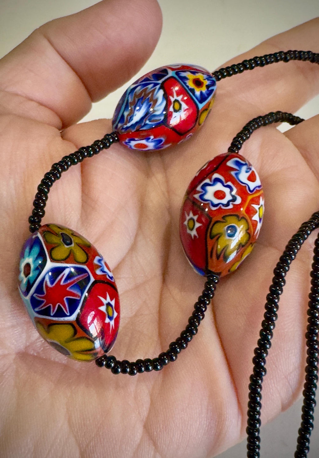 SOLD OUT Ercole Moretti Murano Millefiori Glass Bead Necklace Featuring 3 XL Olive Shaped Beads & Black Seed Bead-Hand Chosen At Moretti in Murano