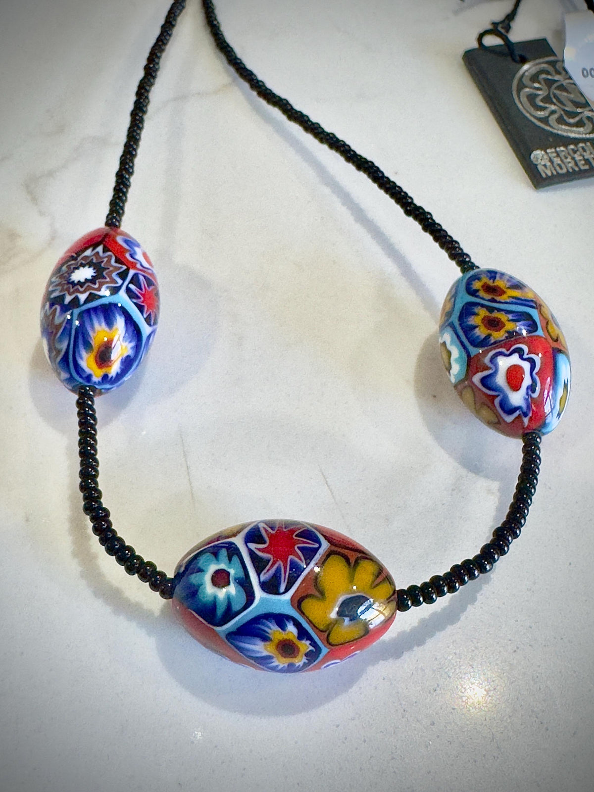 SOLD OUT Ercole Moretti Murano Millefiori Glass Bead Necklace Featuring 3 XL Olive Shaped Beads & Black Seed Bead-Hand Chosen At Moretti in Murano