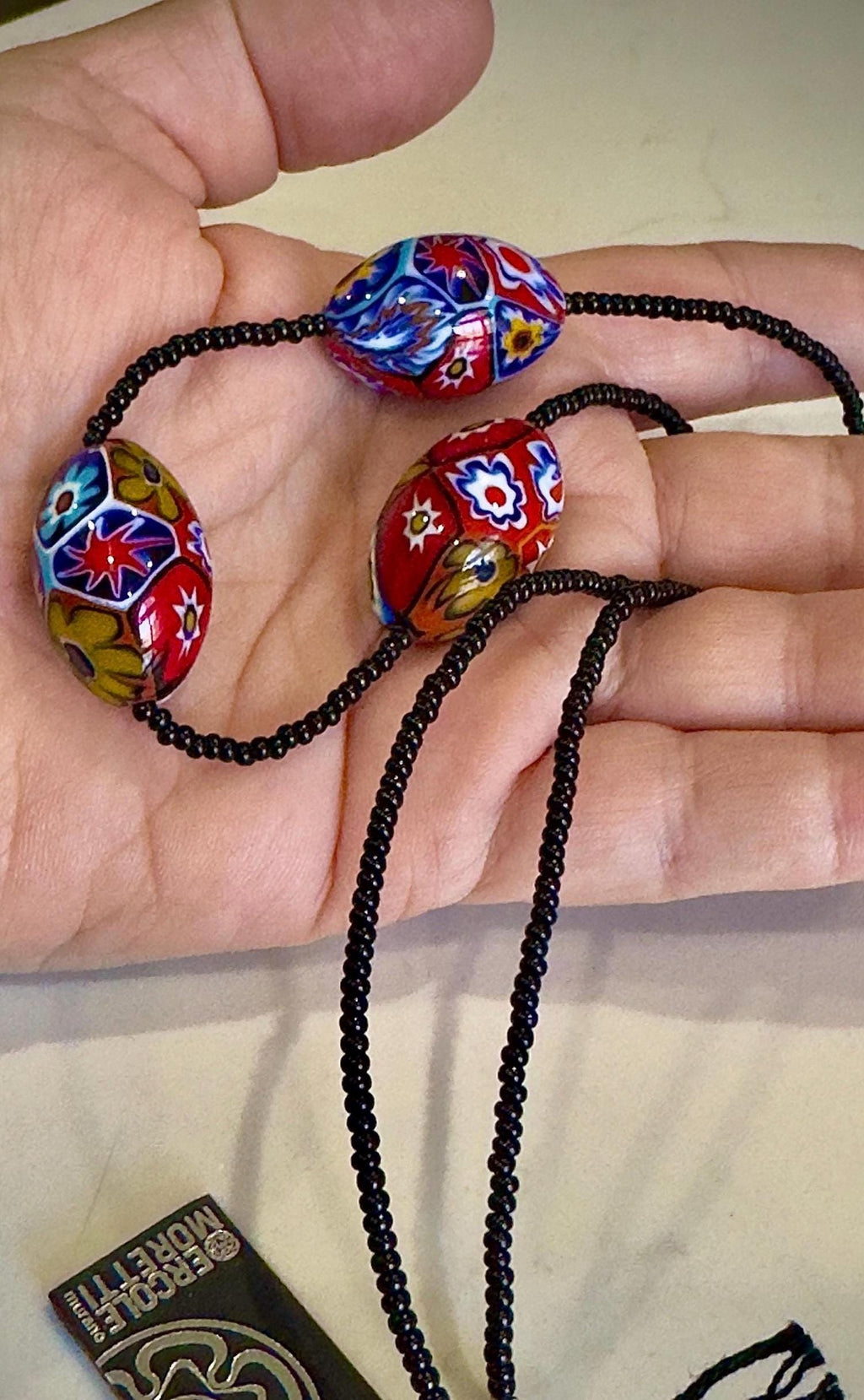 SOLD OUT Ercole Moretti Murano Millefiori Glass Bead Necklace Featuring 3 XL Olive Shaped Beads & Black Seed Bead-Hand Chosen At Moretti in Murano