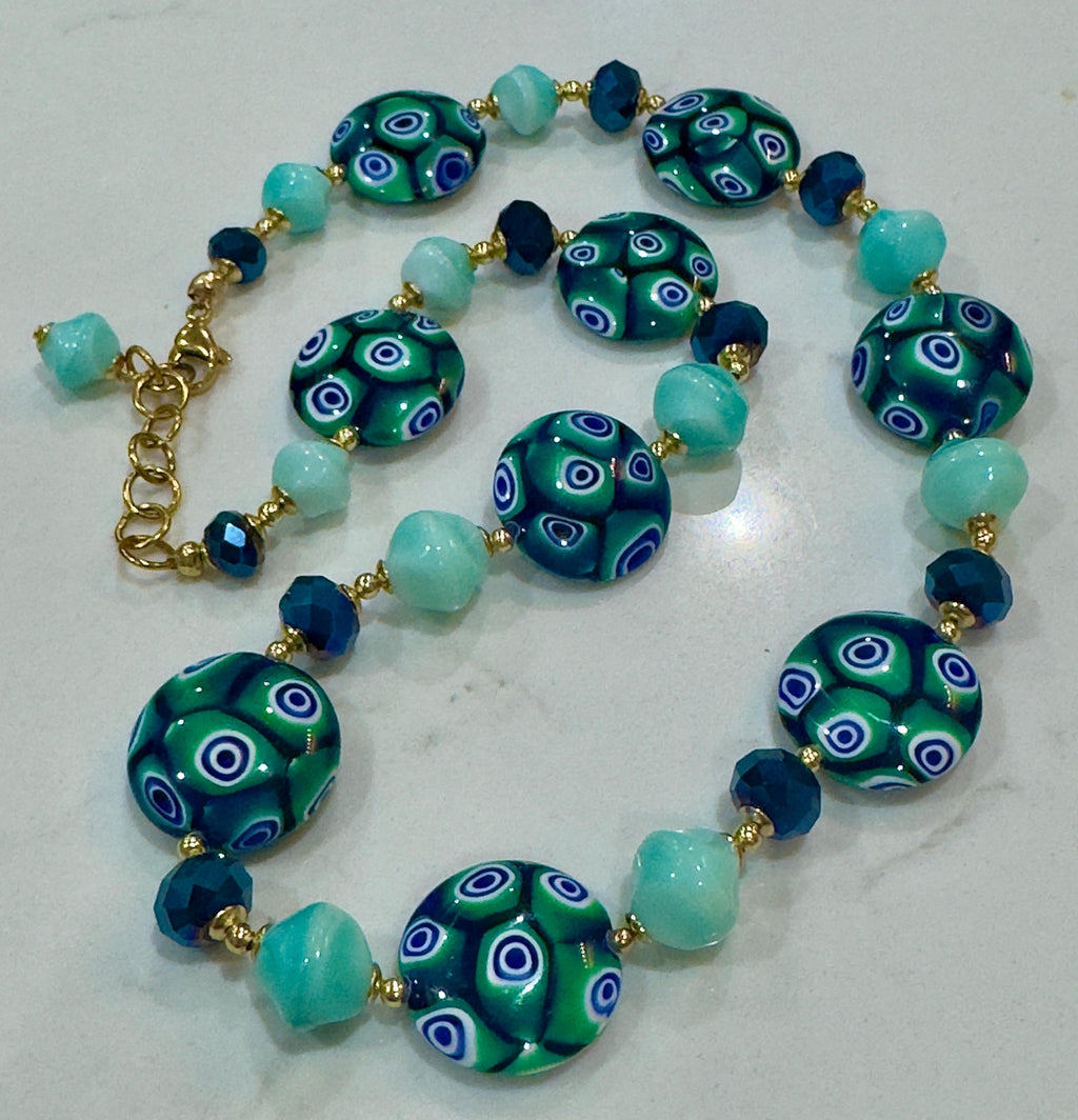 Iridescent Green Murano Millefiori Necklace, Ercole Moretti Beads