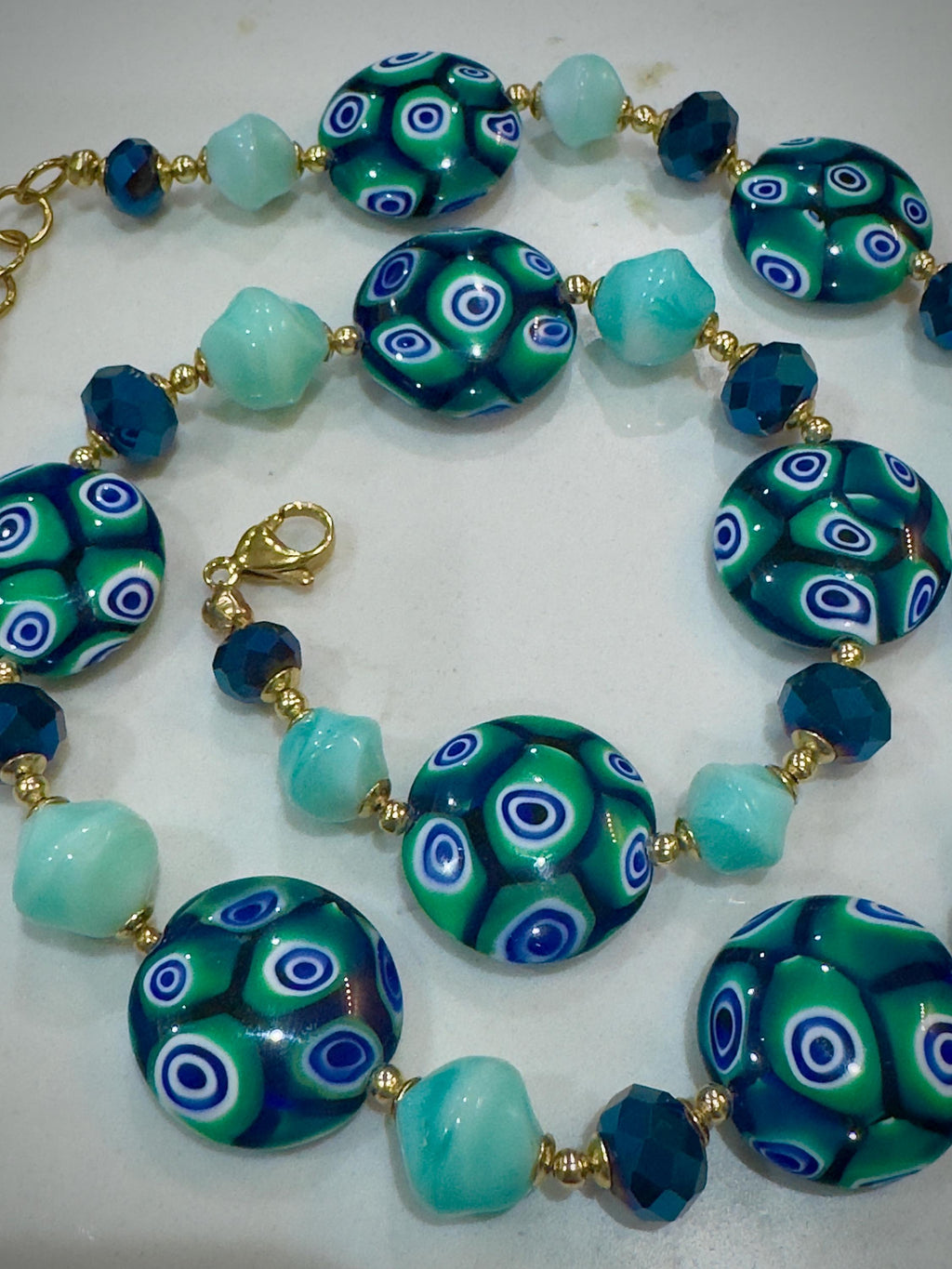 Iridescent Green Murano Millefiori Necklace, Ercole Moretti Beads