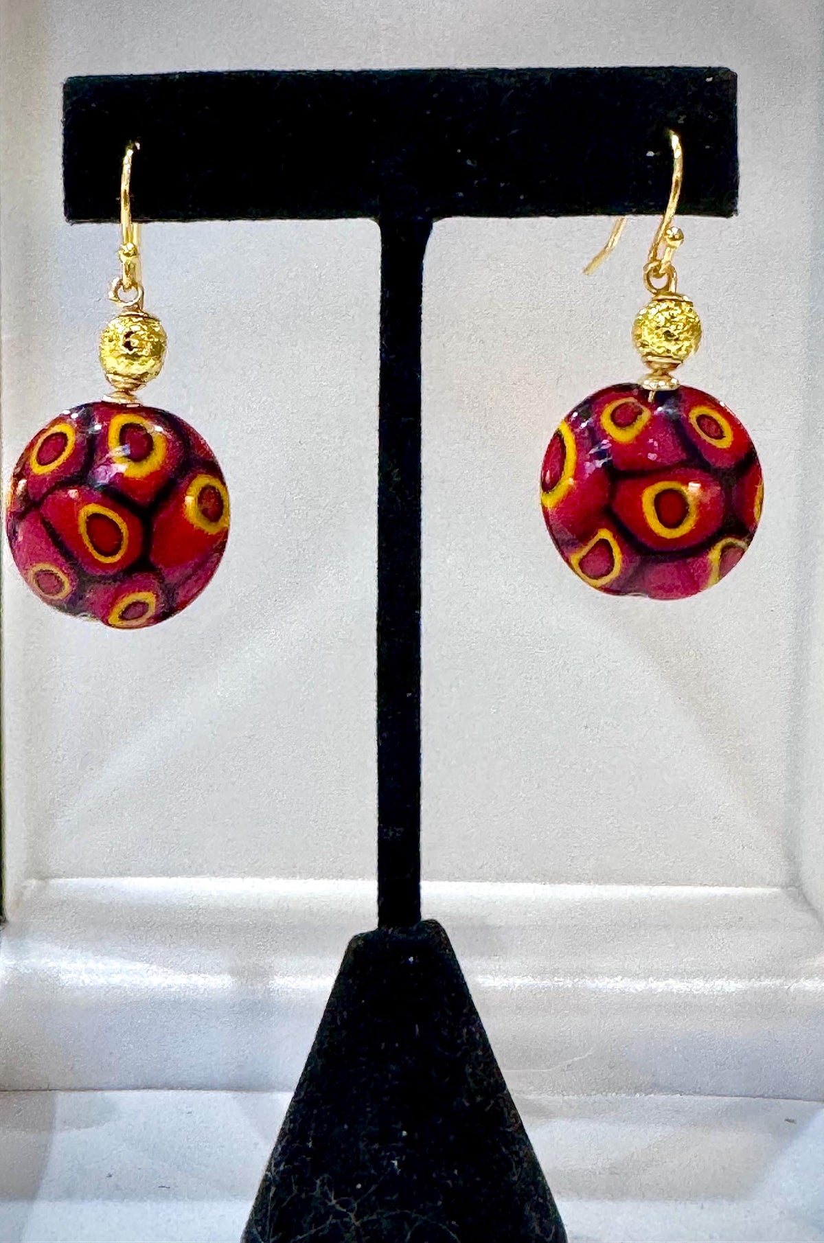 Handmade Sterling Silver Ercole Moretti Millefiori Deep Red & Orange Beaded Earrings