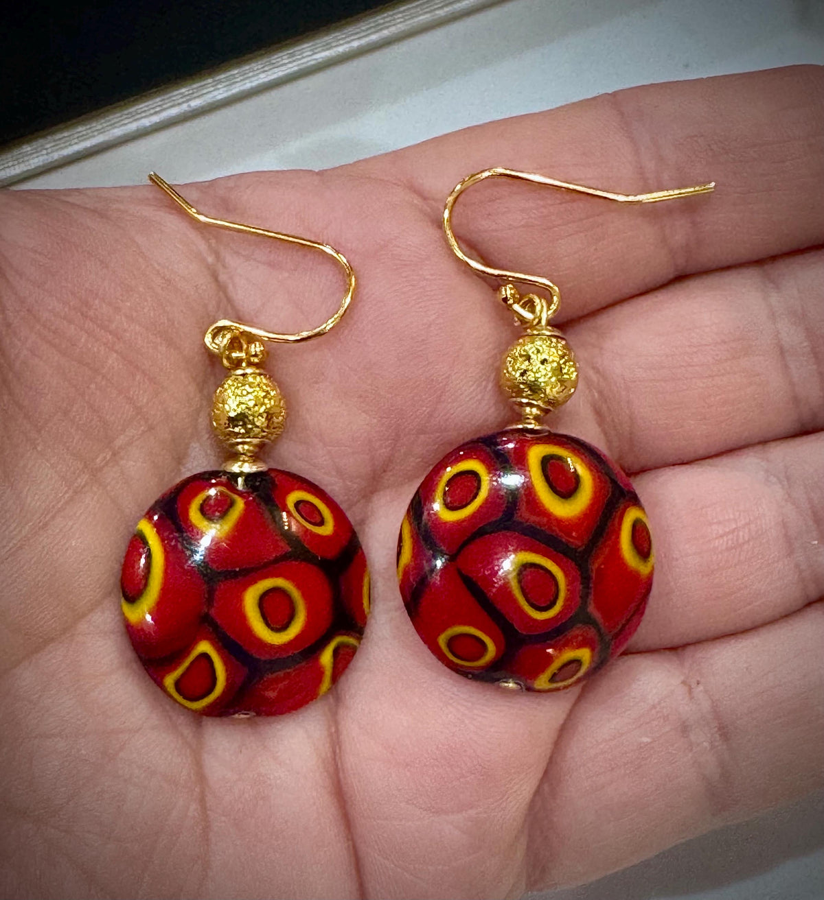 Handmade Sterling Silver Ercole Moretti Millefiori Deep Red & Orange Beaded Earrings