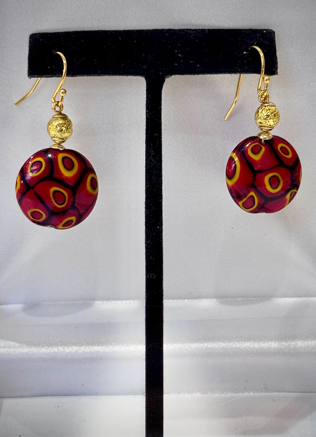 Handmade Sterling Silver Ercole Moretti Millefiori Deep Red & Orange Beaded Earrings