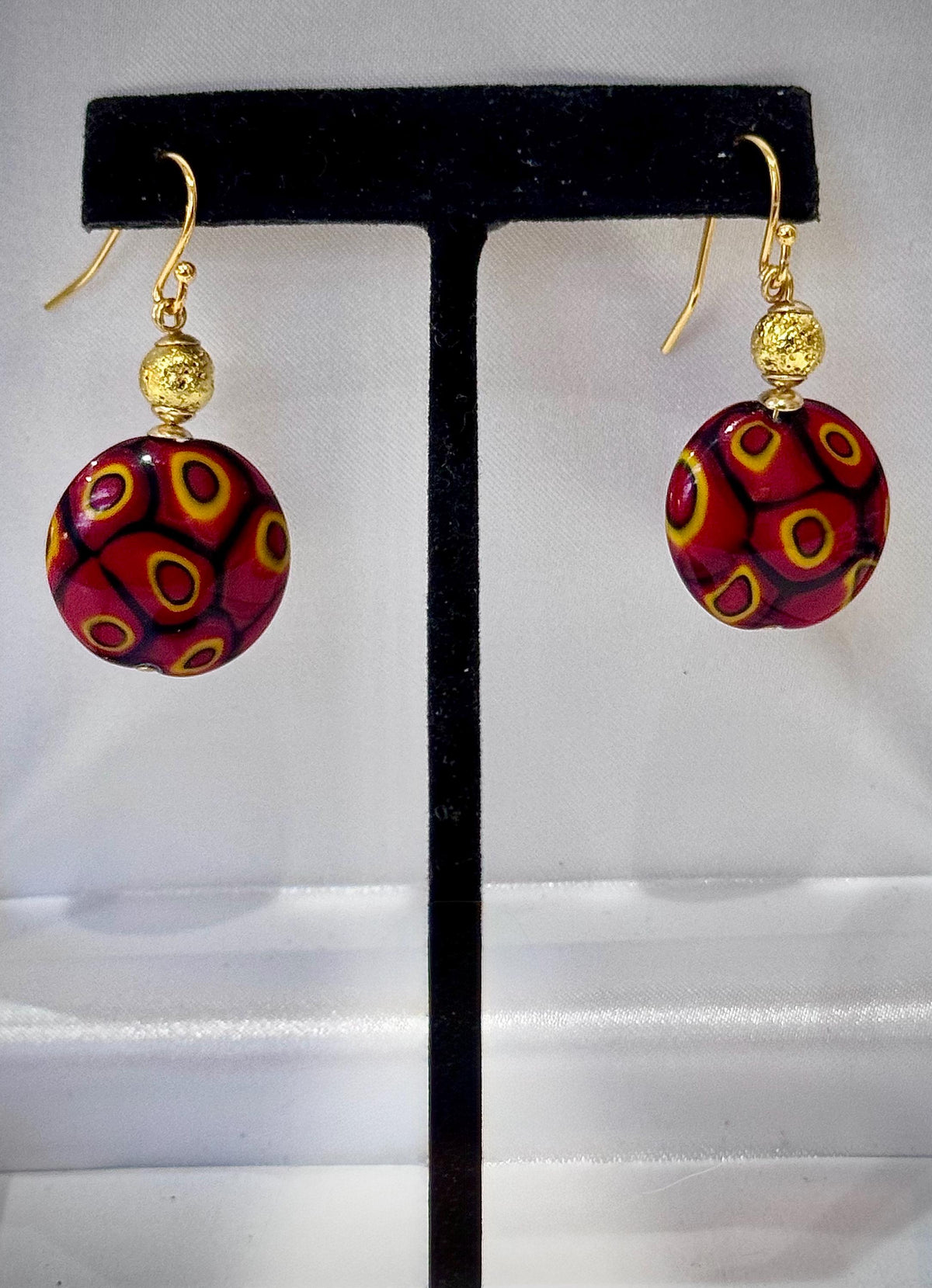 Handmade Sterling Silver Ercole Moretti Millefiori Deep Red & Orange Beaded Earrings