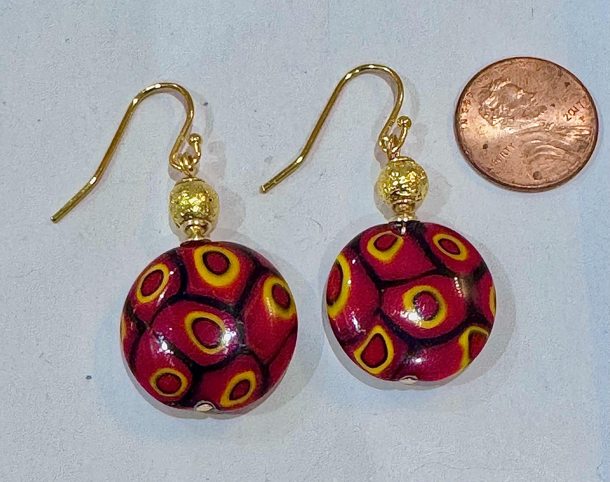 Handmade Sterling Silver Ercole Moretti Millefiori Deep Red & Orange Beaded Earrings
