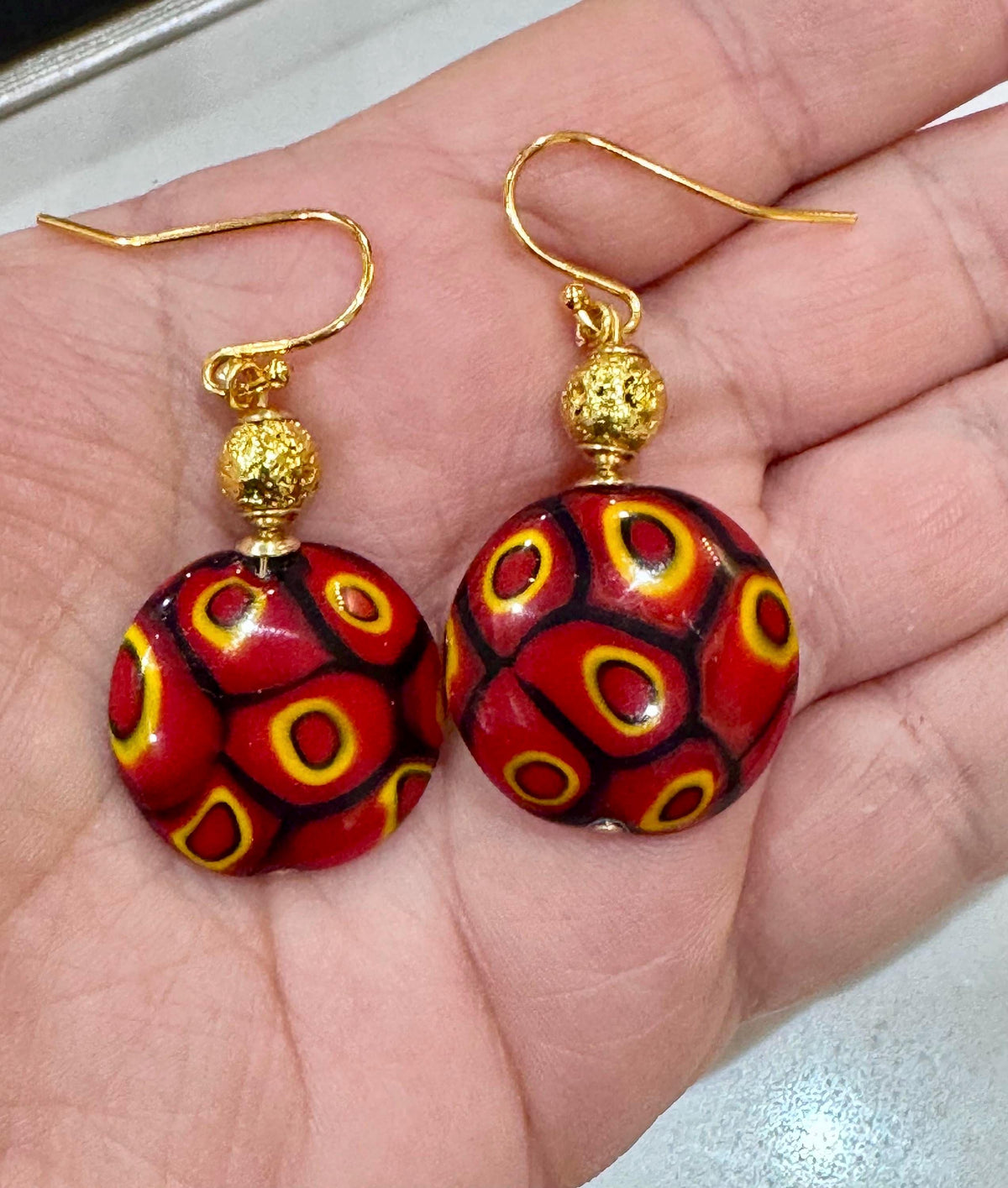 Handmade Sterling Silver Ercole Moretti Millefiori Deep Red & Orange Beaded Earrings