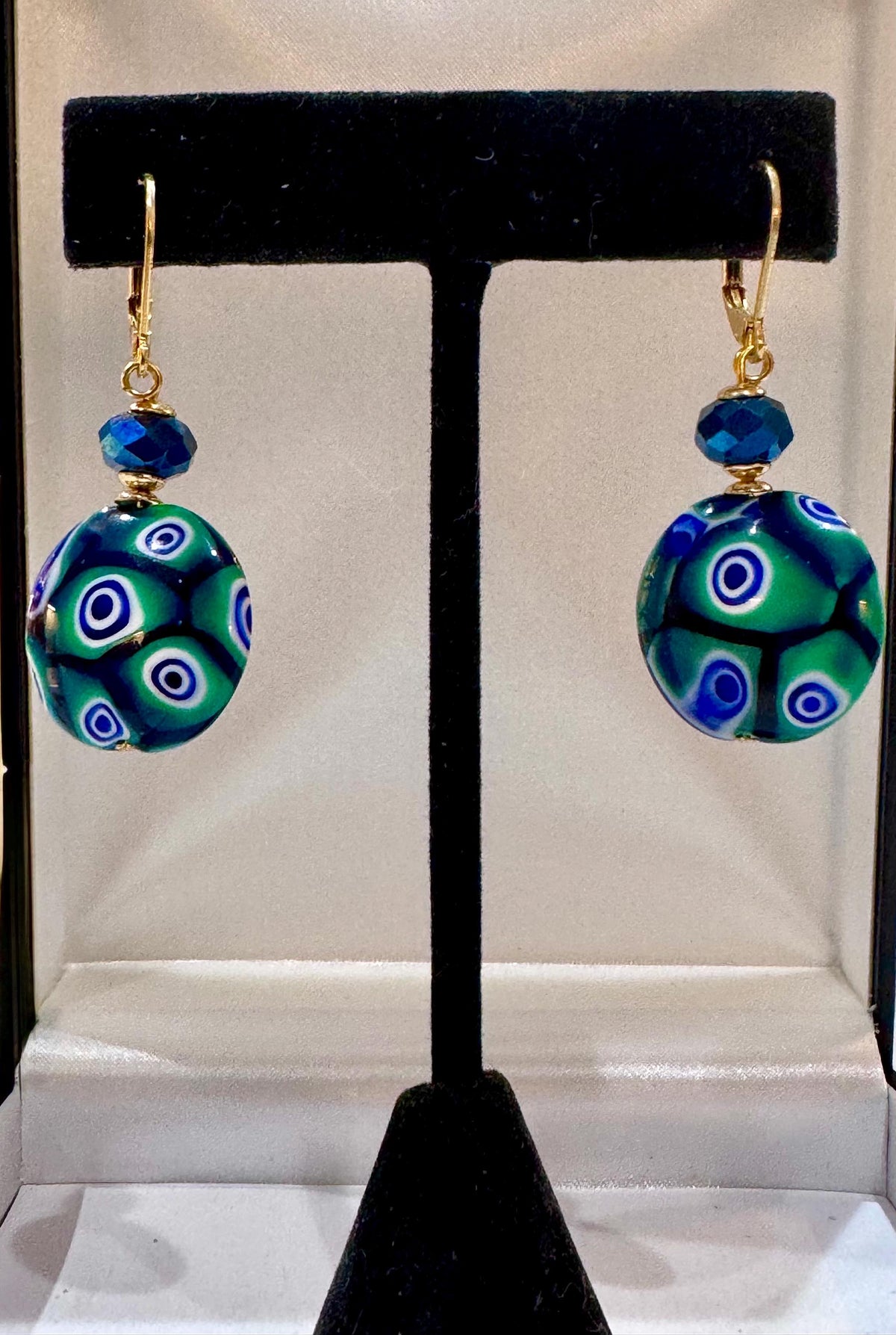 Handmade Sterling Silver Ercole Moretti Millefiori Deep Green & Cobalt Blue Beaded Earrings